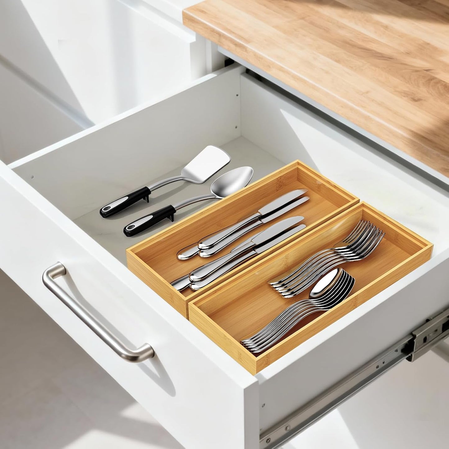 Bamboo Drawer Organizer, Stackable Utensil Trays for Kitchen, Wood Silverware Organizer for Drawer, Set of 2-15"x6"x2"