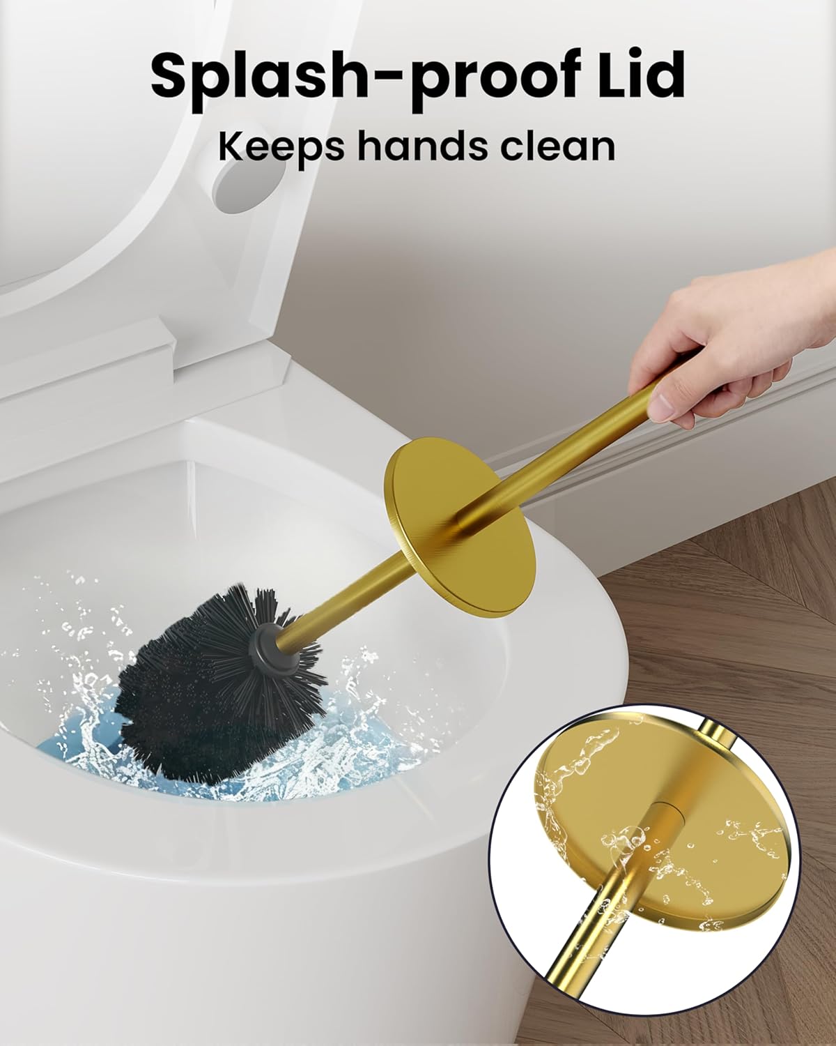 Toilet Brush and Holder Set, Toilet Bowl Brush for Bathroom with Long Handle, Stainless Steel Toilet Cleaner Brush with Durable Scrubbing Bristles,Splash-Prooft (Brushed Gold)