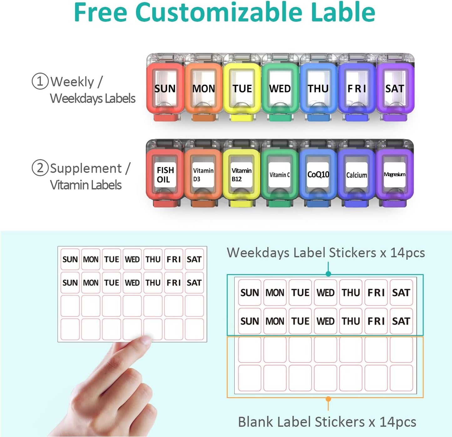 Fullicon Weekly Pill Organizer 7 Day Ultra Moisture and Spill Proof Daily Pill Box, Large Medicine Case with Secure Buckle, Compact Travel Pill Container for Pill, Vitamin, & Fish Oil (Rainbow Black)