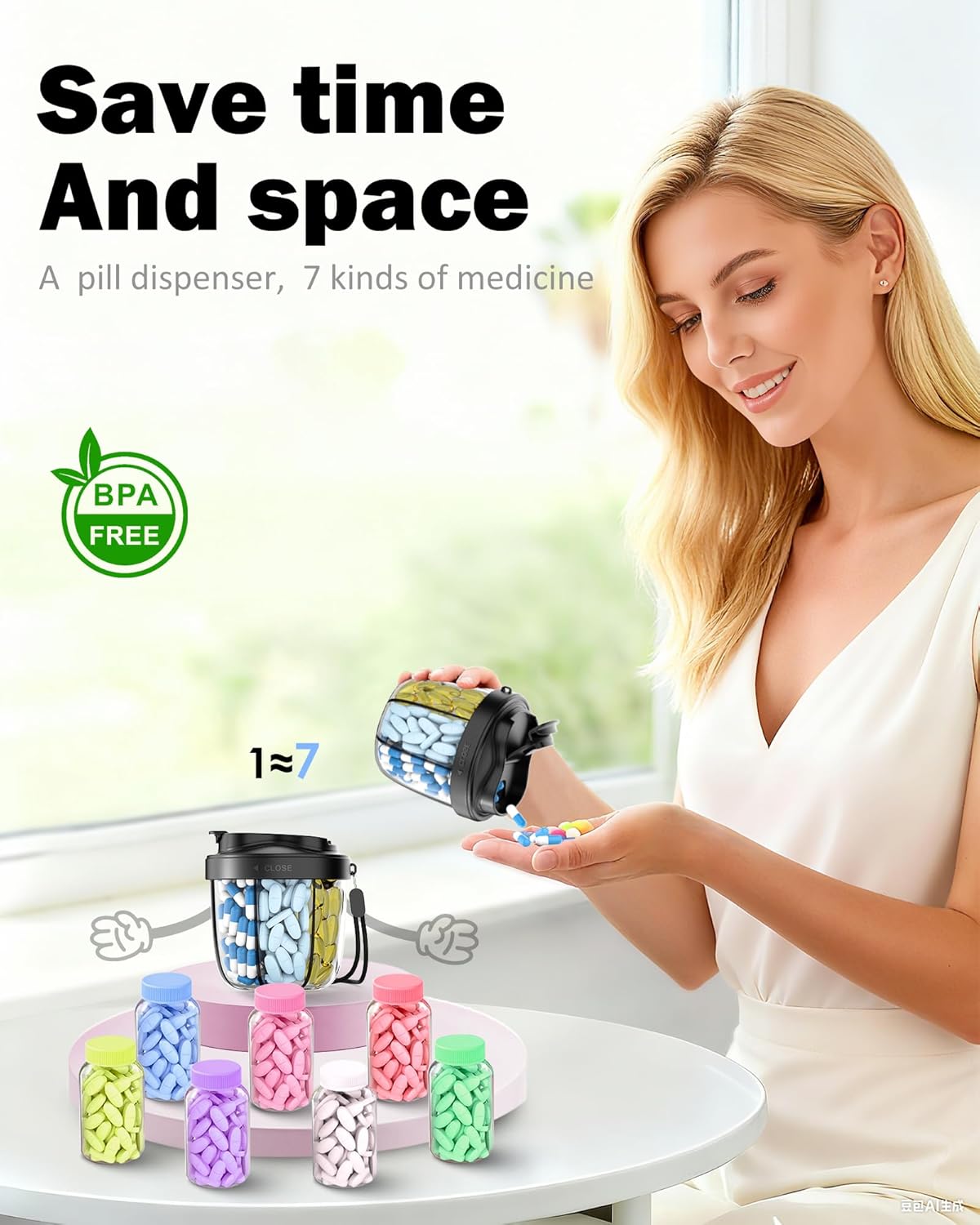Cute Pill Organizer,Pill Dispenser with 7 Large Compartments,Portable Pill Bottle Box with Wide Opening for Easy Use, Anti-Mix Pills Organizer for Travel,Includes 20 Pcs Sticky Labels(Black)