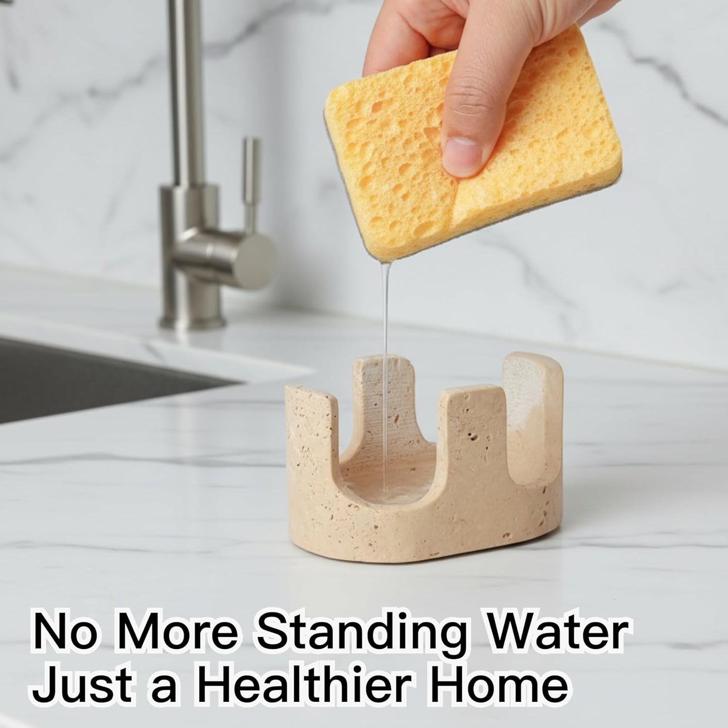Travertine Sponge Holder, Dual-Slots Natural Stone Sink Organizer with Raised Edge to Catch Drips,Keeps Sponges Dry & Countertop Clean, Heavy & Stable with Anti-Slip Base, Organic Kitchen Decor,Beige