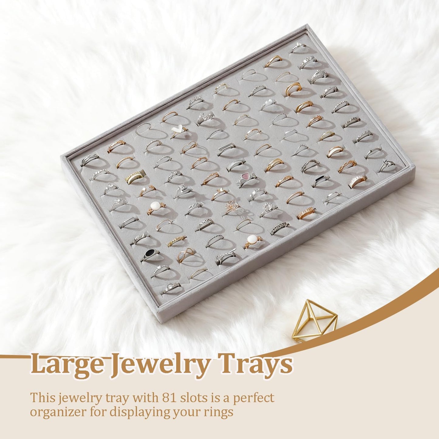 Large Jewelry Organizer for Drawer Insert Velvet Stackable Jewelry Trays for Earring Necklace Bracelet Ring Display (Gray, Ring 100 Slots)