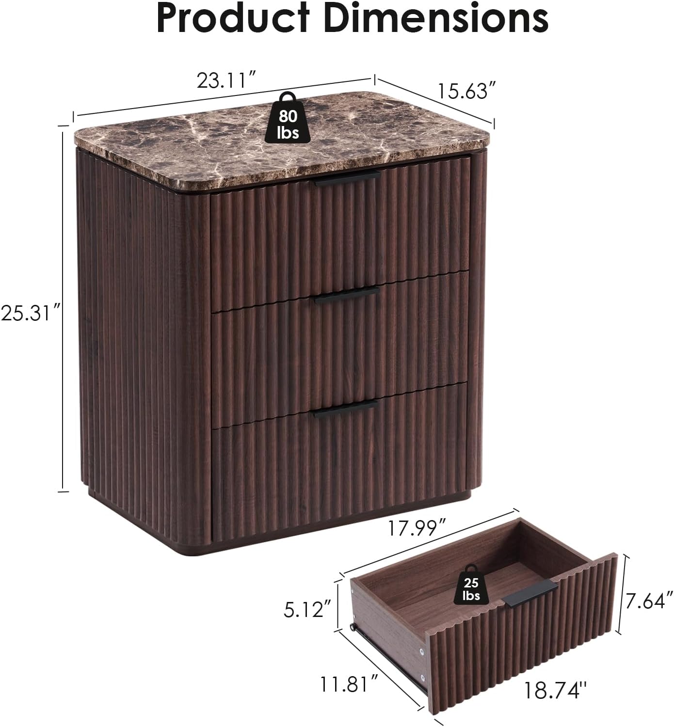Fluted Nightstand Set of 2, Engineered Wood Bedside Table with 3 Drawers, Modern End Table with Faux Marble-Top, Curved Corners, Metal Handle, Large Night Stand for Bedroom, Office, Closet, Dark Oak