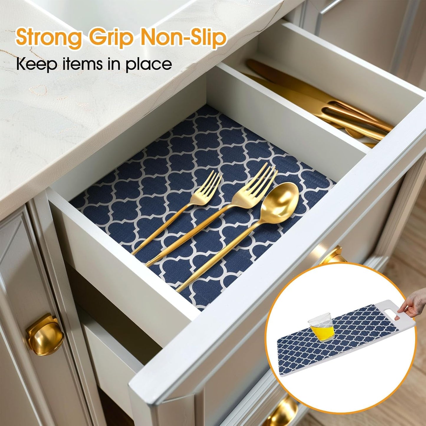 Shelf and Drawer Liner for Kitchen Cabinets Non-Adhesive, Strong Grip Non-Slip Thickened Cabinet Liners for Shelves, Waterproof Mats for Dresser Cupboard, Blue, 23 in x 30 Feet