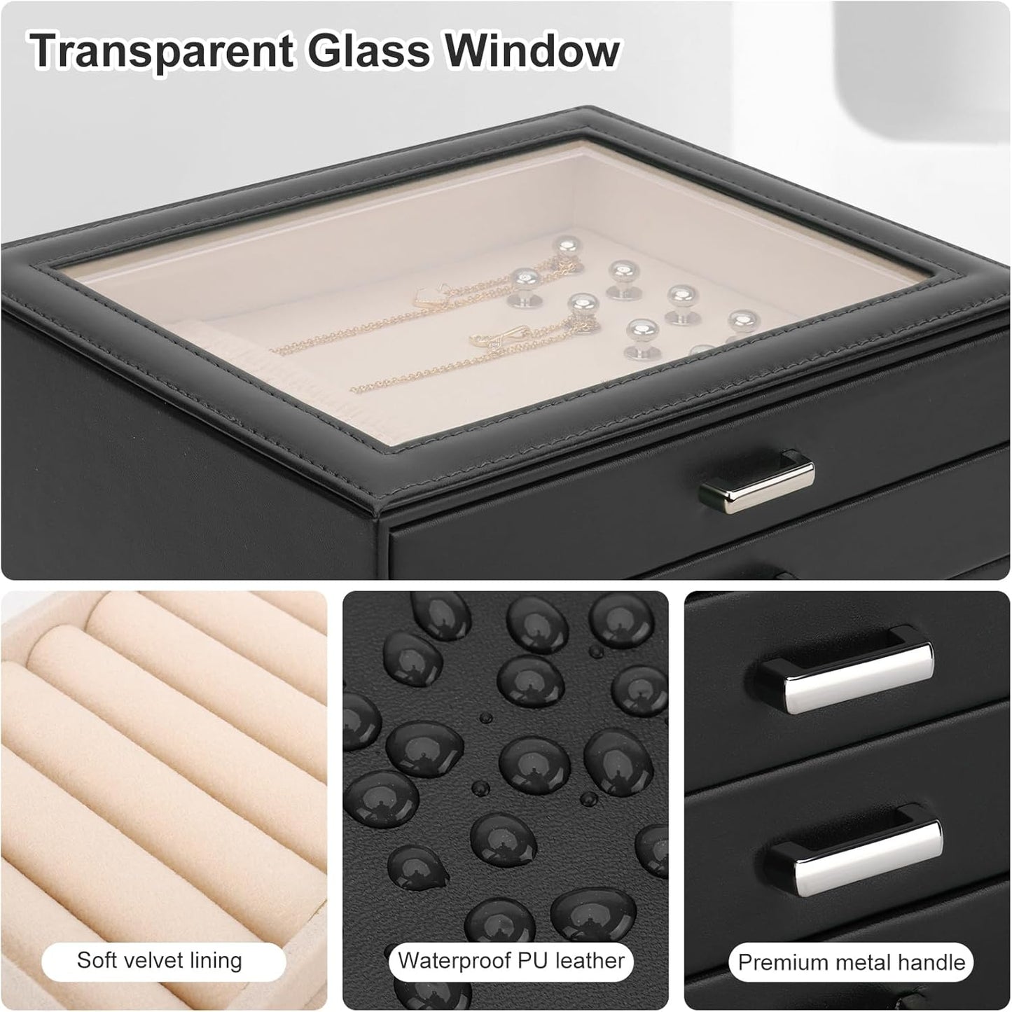 DesignSter Jewelry Box Organizer, Jewelry Box for Women, PU Jewelry Organizer Display Case with Side Drawers, Jewelry Storage for Earring Necklace Ring Bracelet Watch