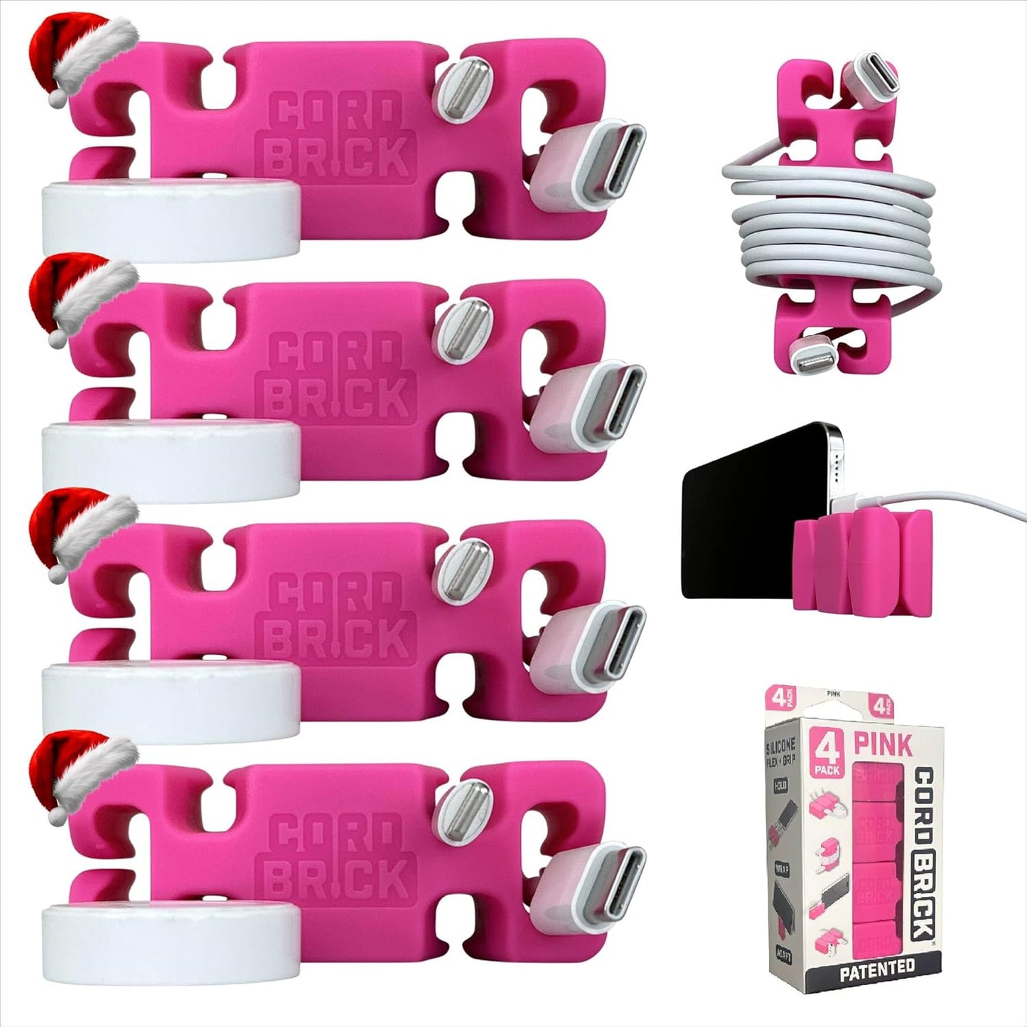 CordBrick Stocking Stuffers for Adults Cord Management Weighted Cord Holder Cable Wrap Phone Stand - Multiuse Gadget Organizer for Nightstand, Desk. Gift for Men, Durable Silicone. 4pk Pink
