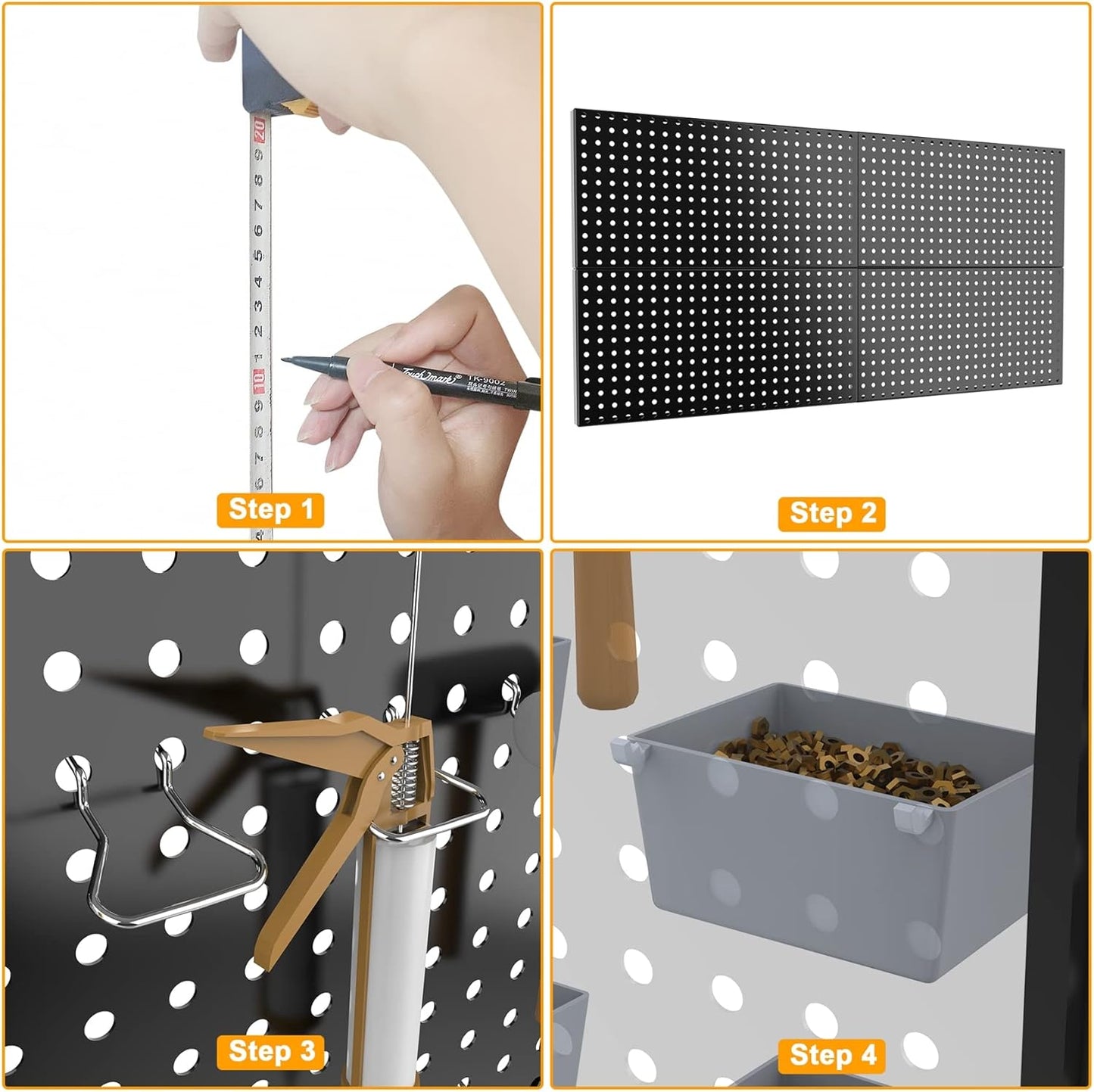 Pegboard Smith 4x2ft Metal Pegboard Kit for Tools Storage, Black Pegboard Wall Organizer with Hooks and Pegboard Bins