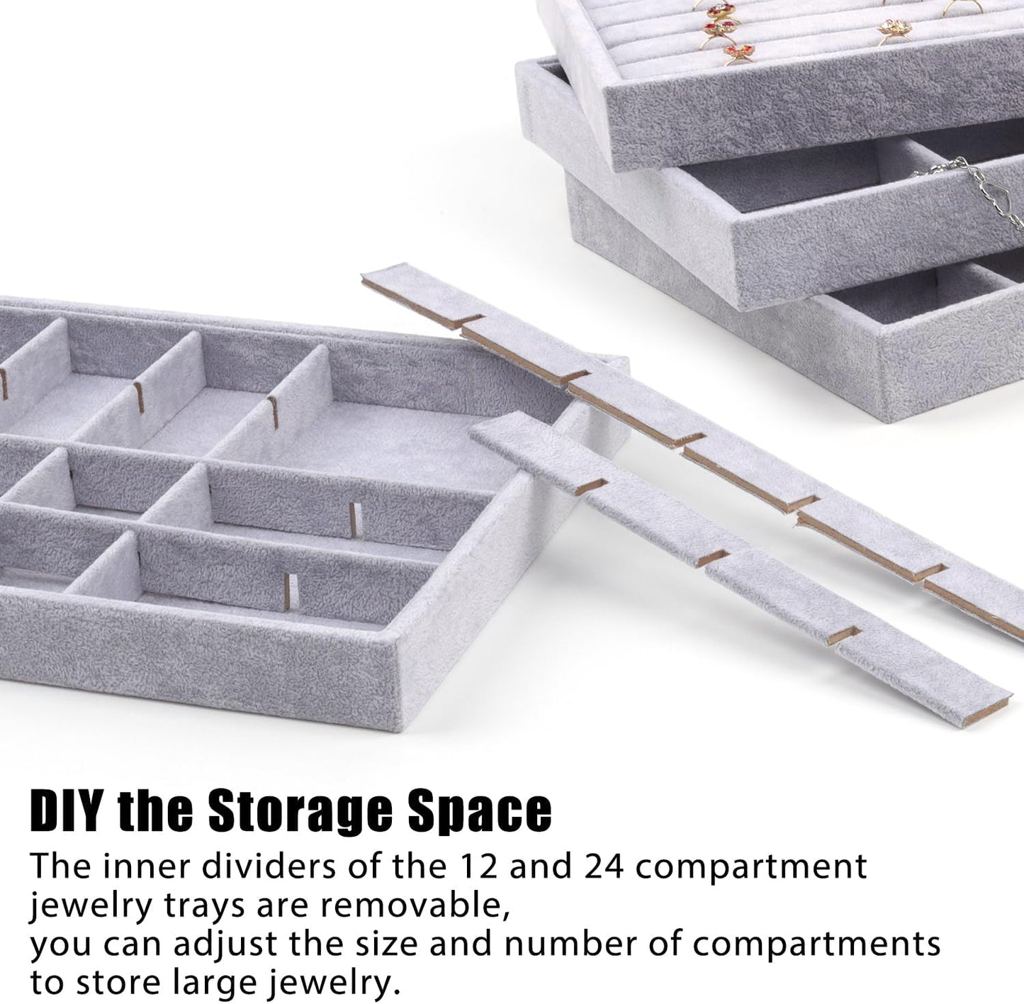 Rocutus Jewelry Trays,3 Pack Stackable Velvet Jewelry Organizer Tray Drawer Jewelry Storage Tray,Divided Ring Organizer Tray for Earrings, Necklaces, Bracelets,13.8"x9.5"x1.2" (Grey)