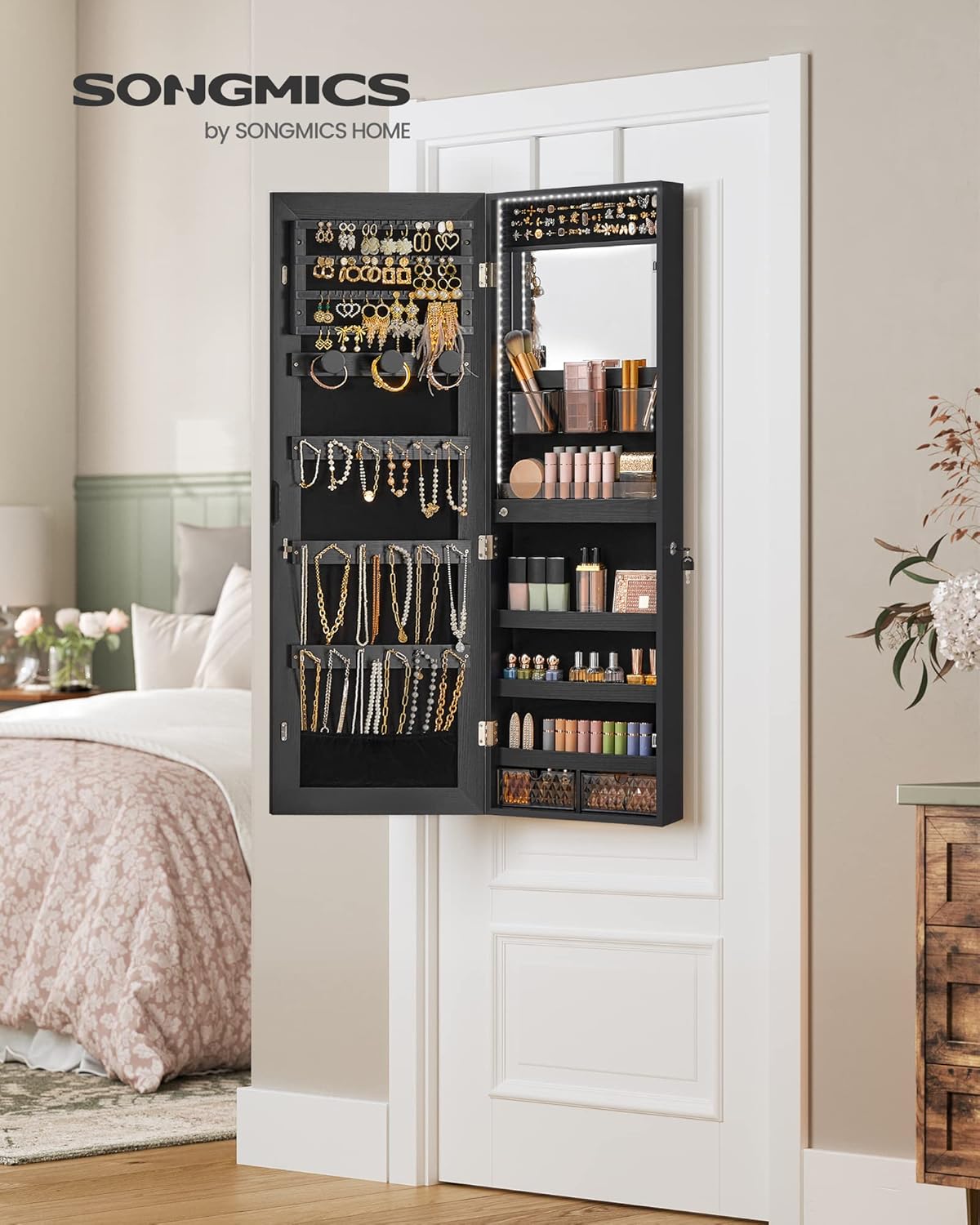 SONGMICS Jewelry Cabinet Armoire Organizer with LED Lights, Wall-Mounted Storage Cabinet with Full-Length Frameless Mirror, Built-in Makeup Mirror, 2 Drawers, Lockable, Christmas Gift, Black