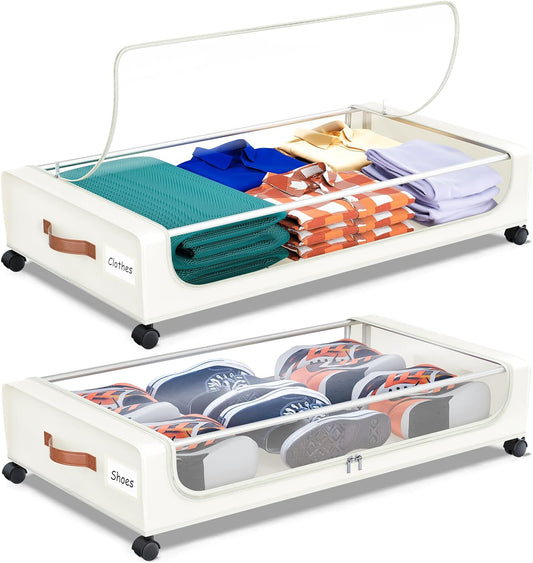 Under Bed Storage with Wheels, UnderBed Storage Containers with Clear Lid and Handles, Under the Bed Storage Bins Drawers for Clothes,Blankets,Shoes,Books (WHITE, 2 PACK)