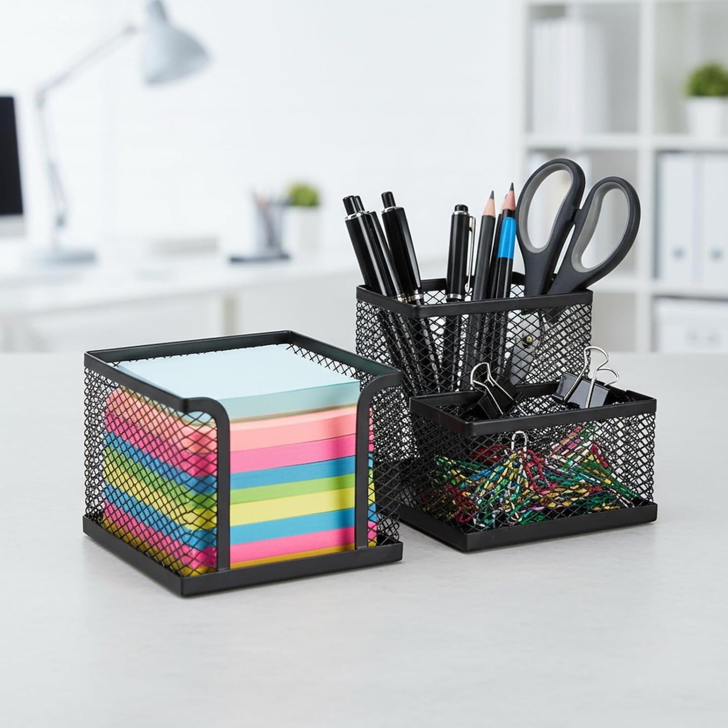 Pencil Holder for Desk, Dual-Compartment Mesh Desk Organizer Set, 2-Piece Set Black Pen Storage Holder & Post It Organizer for Home Office Desk Supplies