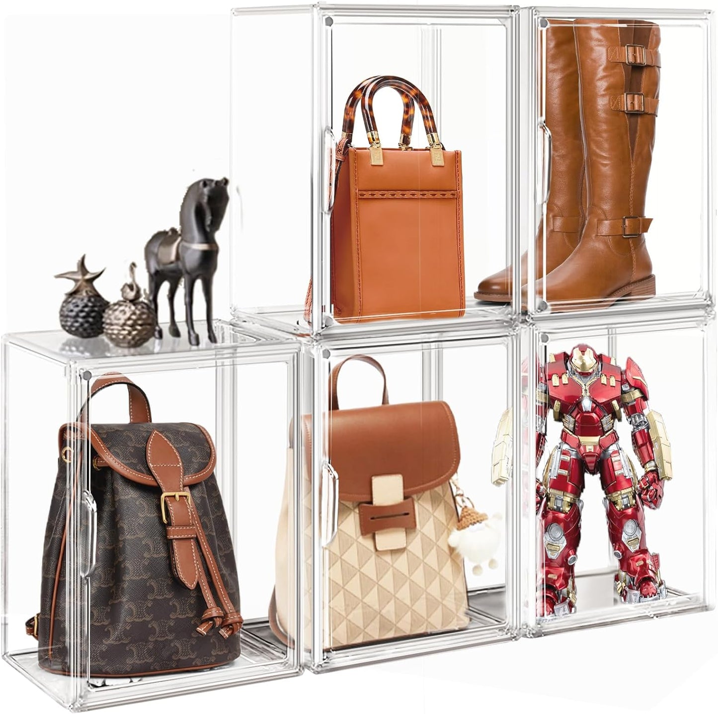 5 Pcs Super Large Acrylic Display Case Purse Handbag Storage Organizer for Closet Clear Stackable Bag Storage Boxes for Books, Boots, Collectibles, Cosmetic