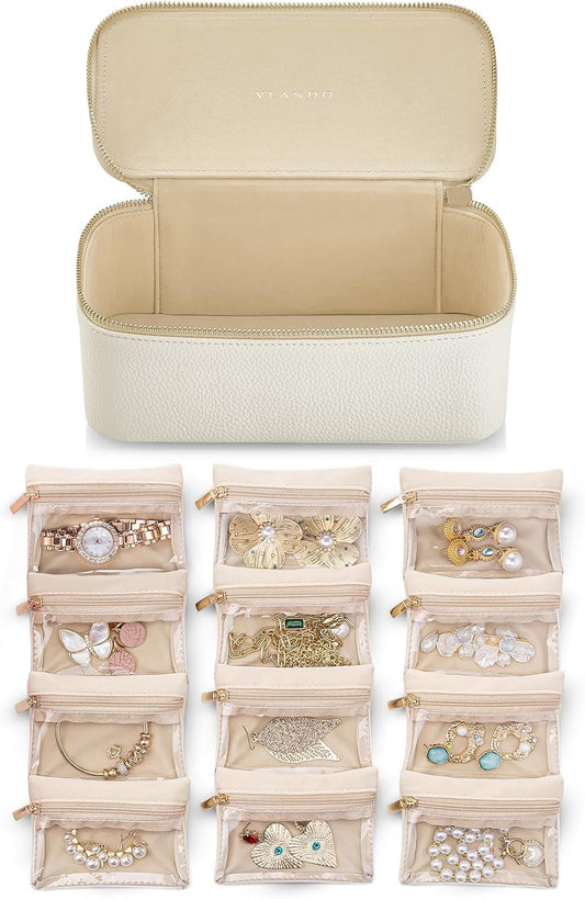 Vlando Travel Jewelry Case,Jewelry Box with 12 Velvet Jewelry Pouch Jewelry Travel Organizer for Women Girl Jewelry Case Necklace Rings Earrings Bags Wedding Gifts (White)