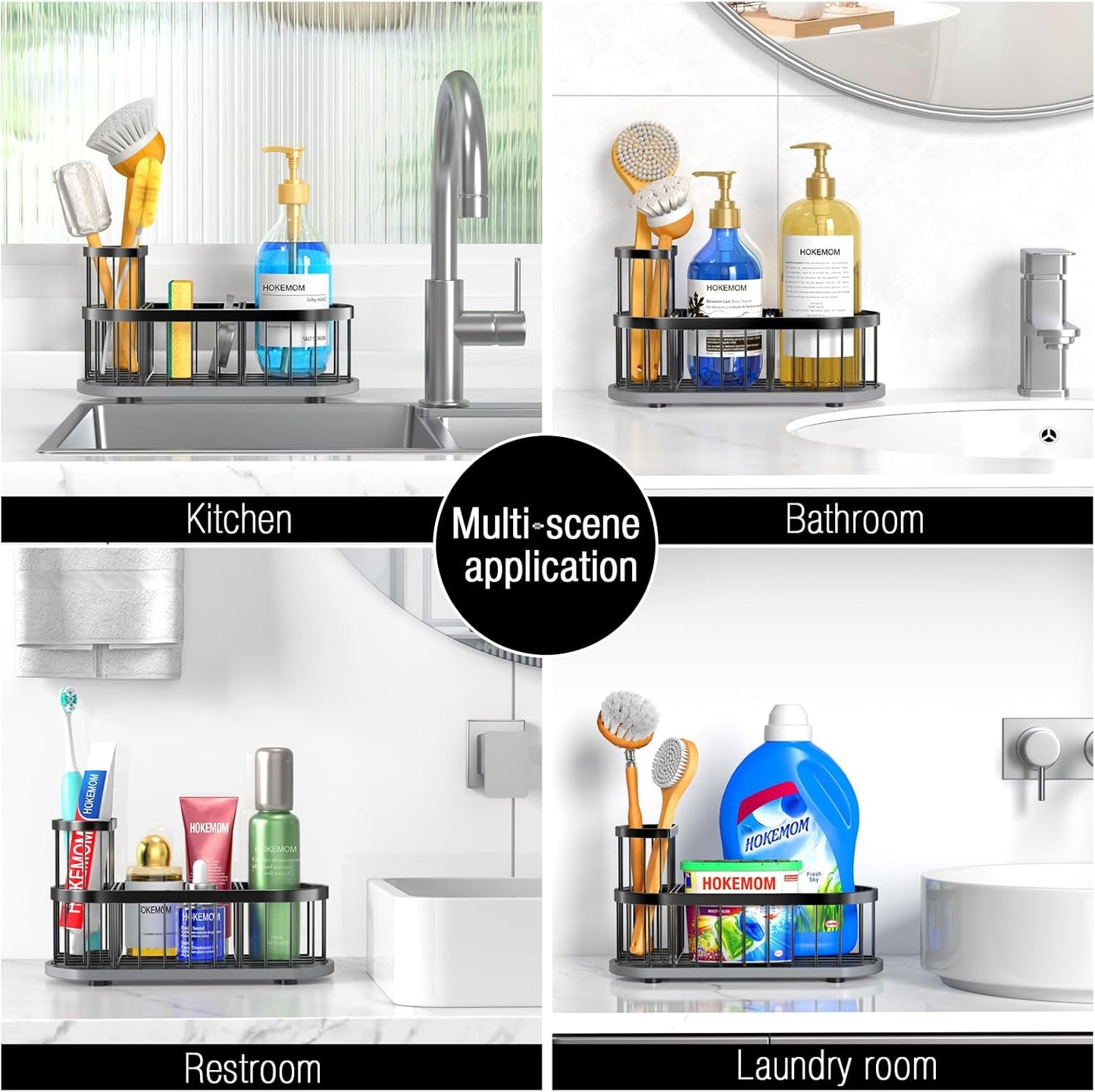 Kitchen Sink Organizer with Sponge Holder & Brush Holder - Drain-Free Non-Slip Base, 2.6mm Stainless Steel with Black Rust-Resistant Coating - Easy Install & Clean Kitchen Sink Caddy