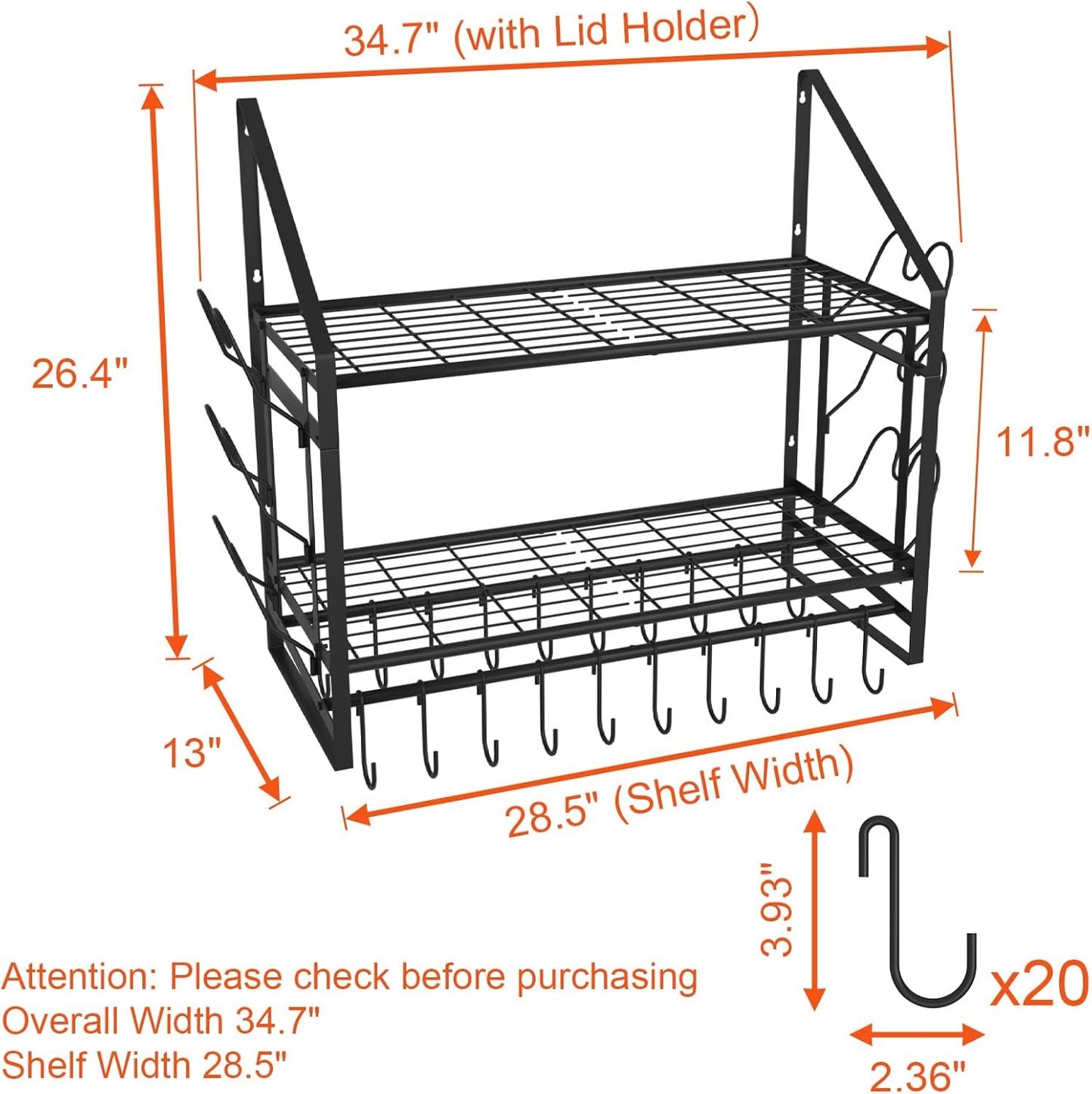 28 Inch Pot Rack Wall Mounted, 2 Tier Pots and Pans Organizer with 20 Hooks and 6 Pot Lid Holders, Heavy Duty Steel Pot and Pan Hanger for Kitchen Cookware Utensils Storage 34.7" Lx13 Wx26.4 H