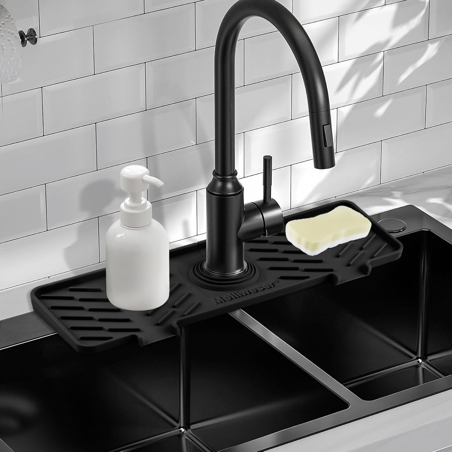 Meiliweser Silicone Faucet Mat for Kitchen Sink – Gen 3 10° Slope Splash Guard with Cuttable Hole – 14” x 5.5” Drip Catcher & Sponge Holder for Kitchen, Bathroom (Black)