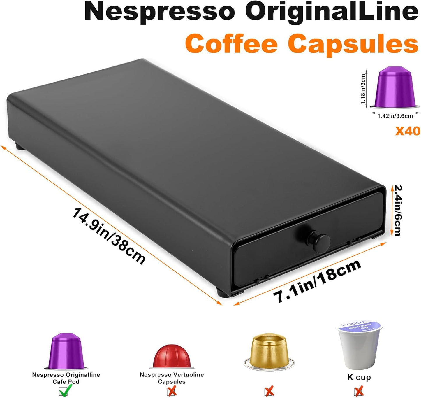 Coffee Pod Drawer Compatible with Nespresso Original Line, Coffee Pod Holder for counter, 40 Capsules Capacity, Black