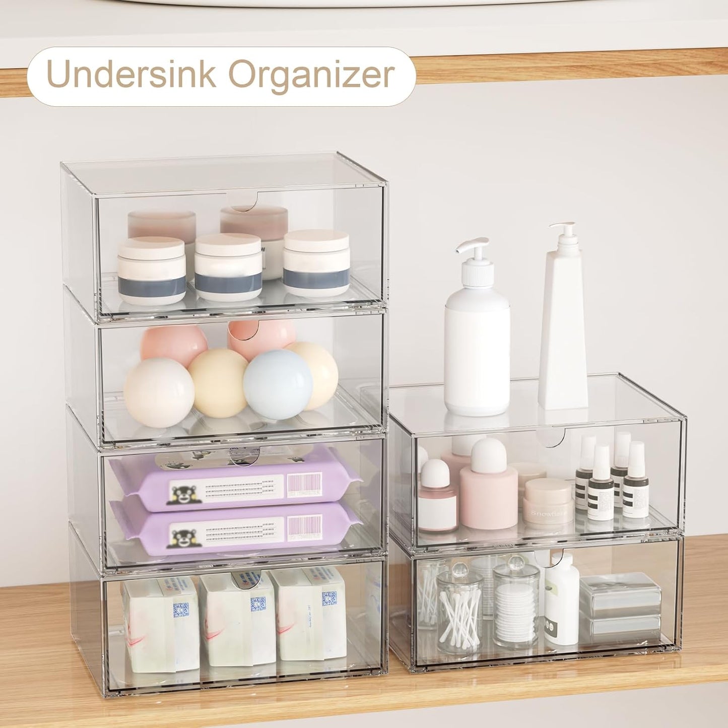 Clear Stackable Storage Drawers, 2 Pack Acrylic Makeup Organizers for Beauty Supplies, Plastic Storage Bins for Bathroom Vanity Countertop, Cabinet, Pantry, Kitchen Undersink, Desk Organization