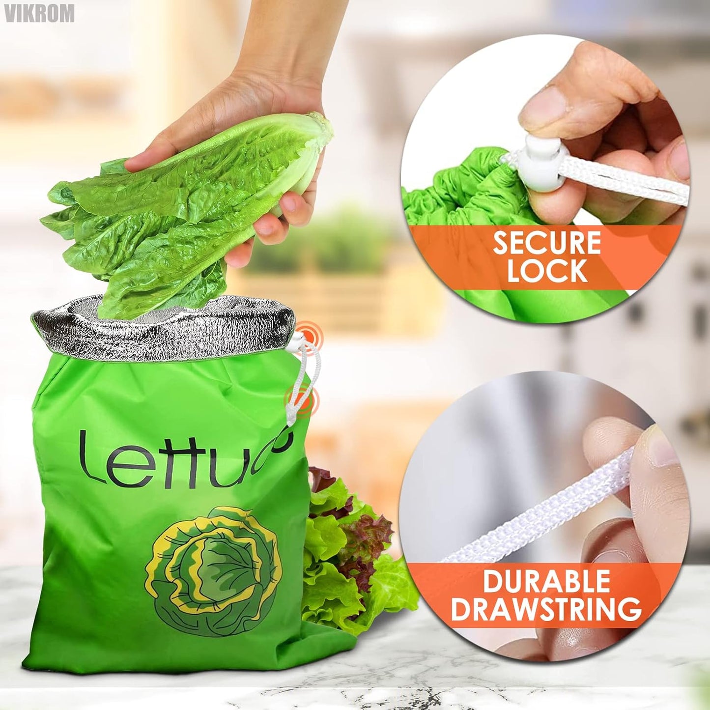 Lettuce Keeper for Refrigerator – 3-Layer Reusable Produce Storage Bags with Foil Lining and Drawstring | Breathable, Washable, Sturdy & Easy to Use | Great for Lettuce, Leafy Greens, Fruits & Veggies