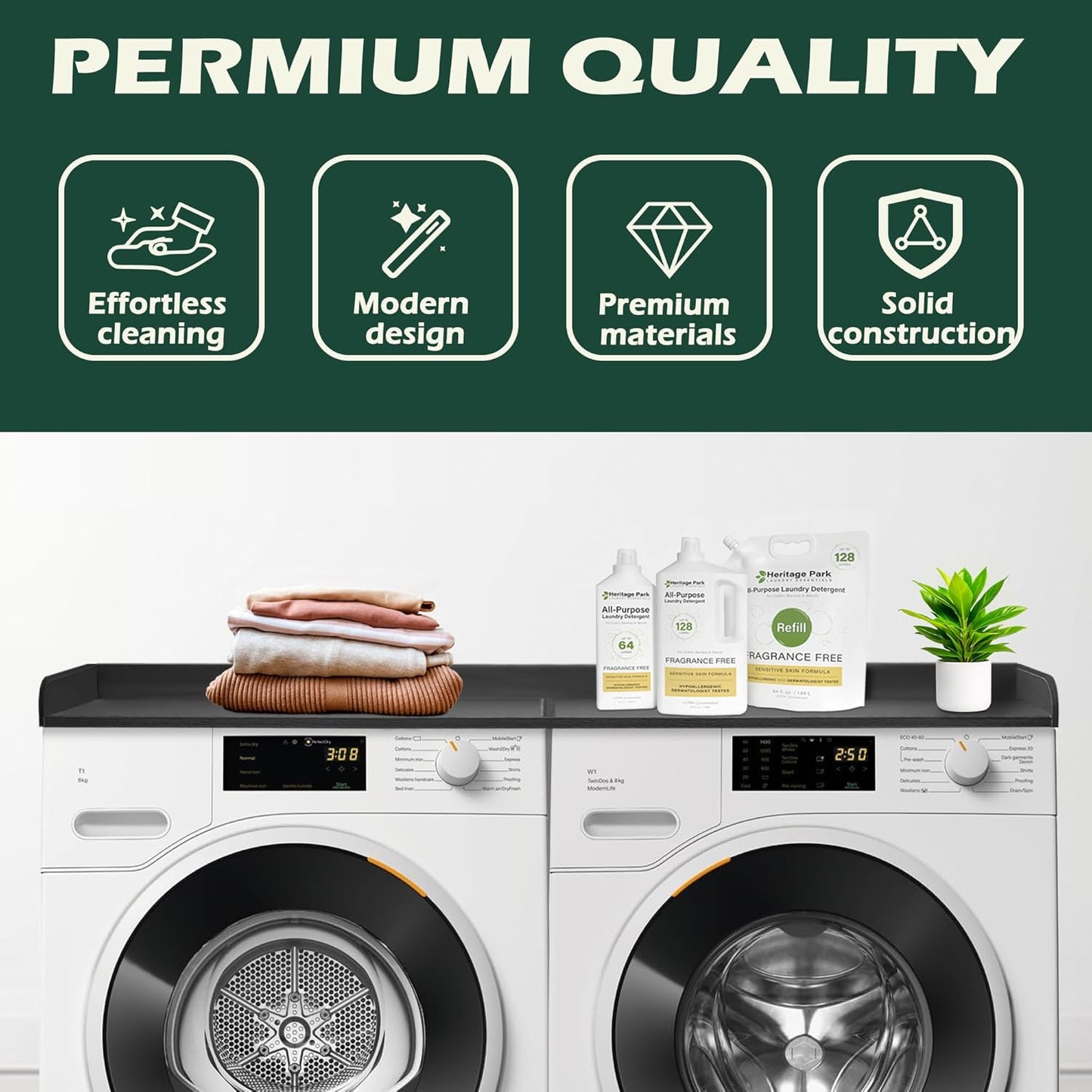Royxen Washer Dryer Countertop, 27.4" x 54" Wood Universal Fit, Washer Dryer Topper, Laundry Room Organization, Laundry Countertop for Laundry Organization, Black