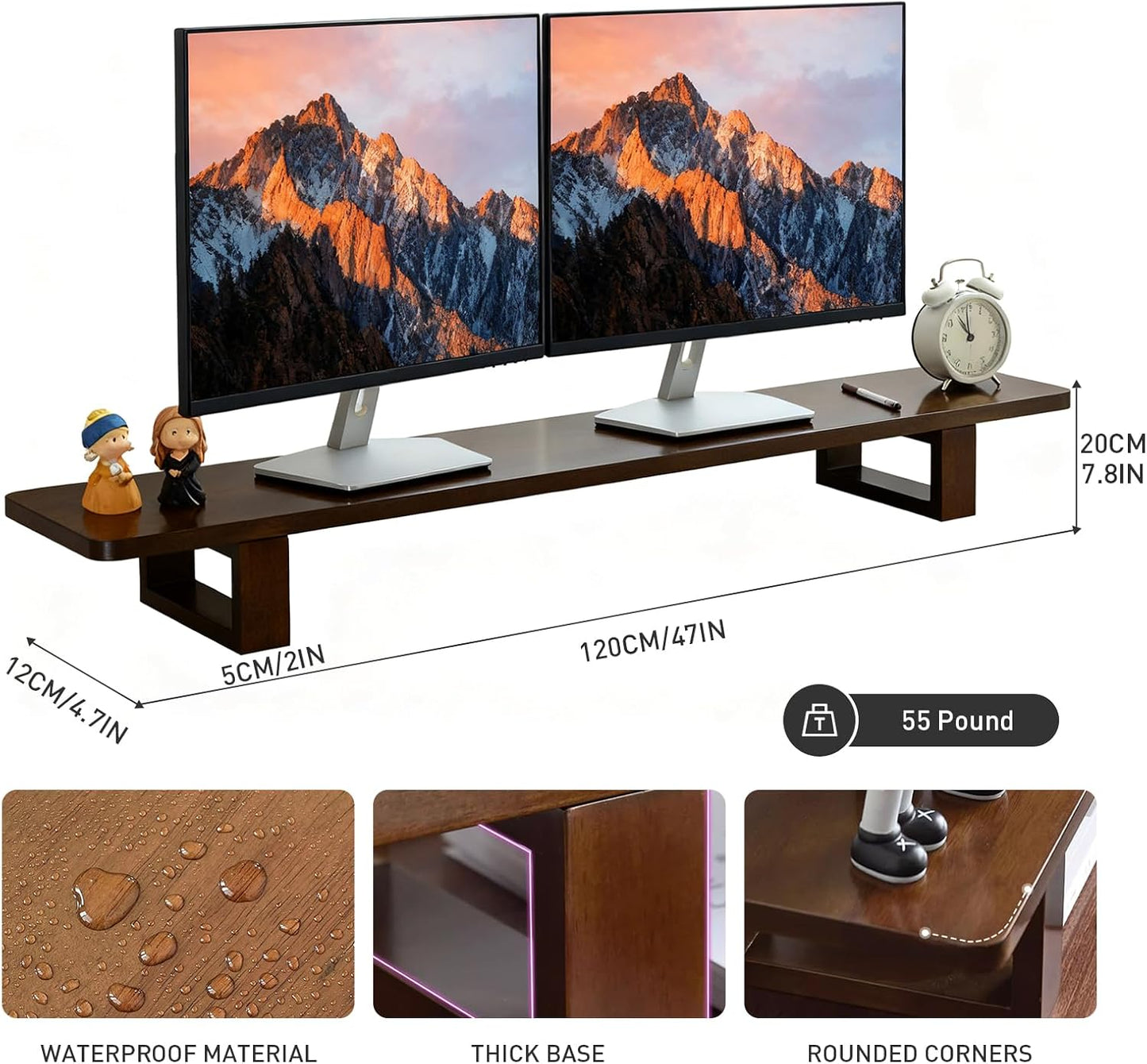 Dual Monitor Stand Riser, 47Inch Solid Wood Desktop Organizer with Non-Slip Pads, Holder for 2 Monitors, Laptops, TV, PC, Printer, Walnut Finish