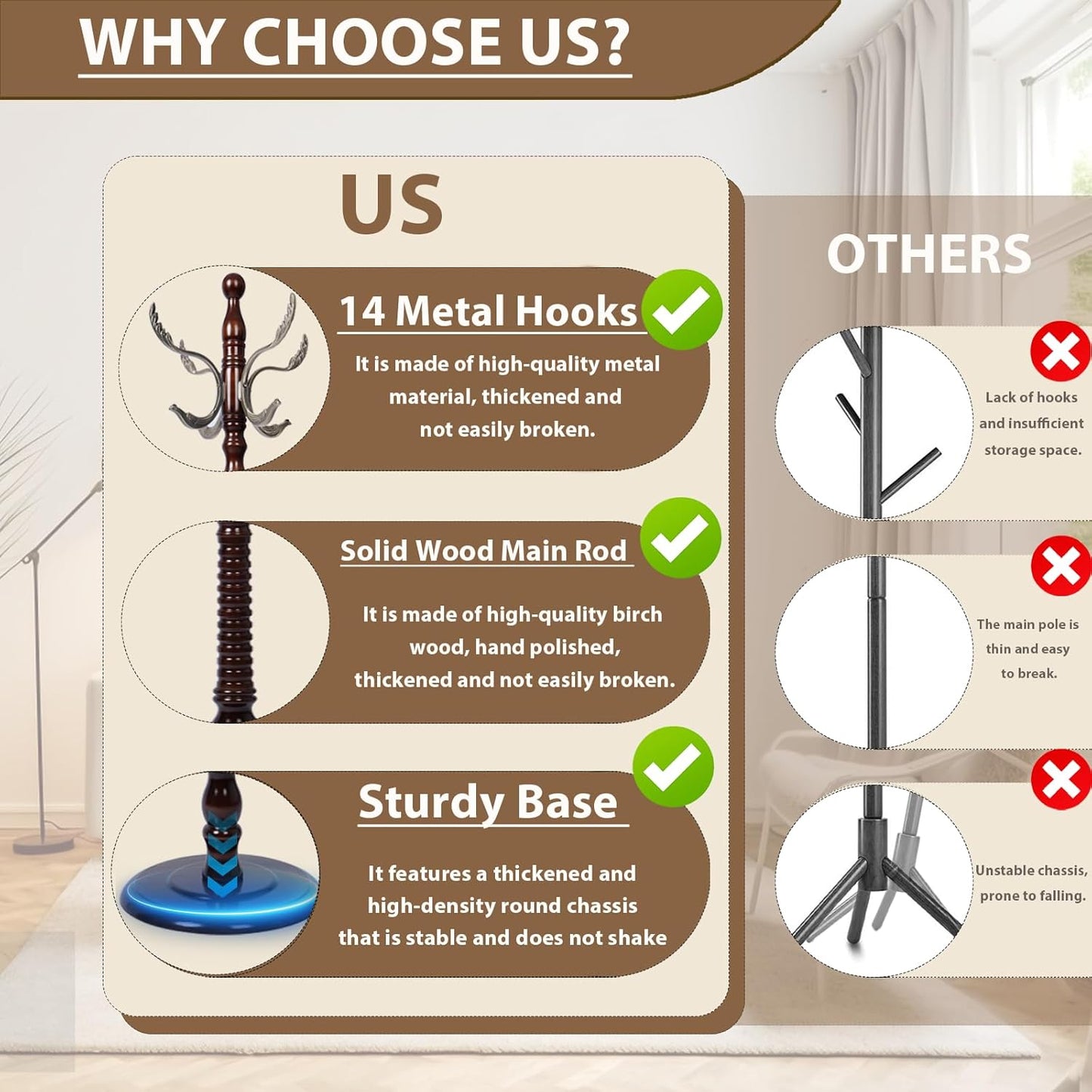 Solid Wooden Coat Rack Stand, Coat Racks Freestanding with 14 Hooks, Natural Birch Wood Coat stands with Sturdy Round Base, Tree Coat Hanger Standing for Entryway Bedroom Office (Metal Hook)