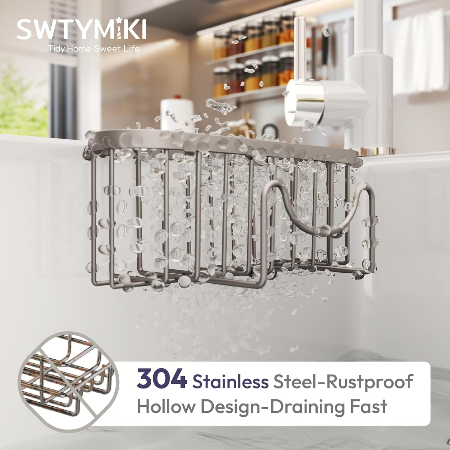 SWTYMIKI Sponge Holder for Kitchen Sink - Movable Kitchen Sink Caddy with M Hook Stainless Steel Hanging Sponges Caddy Organizer in Double Bowl Sinks Depth>3.15in, Middle Divider<1.5in, Sand Nickel L