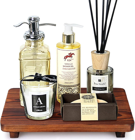 Farmhouse Bathroom Counter Tray Wood Risers Display Stands Kitchen Countertop Trays Decorative Dish Soap Dispenser Holder for Bathroom Sink Accessories Wooden Pedestal Stand Kitchen Decor Vanity Tray