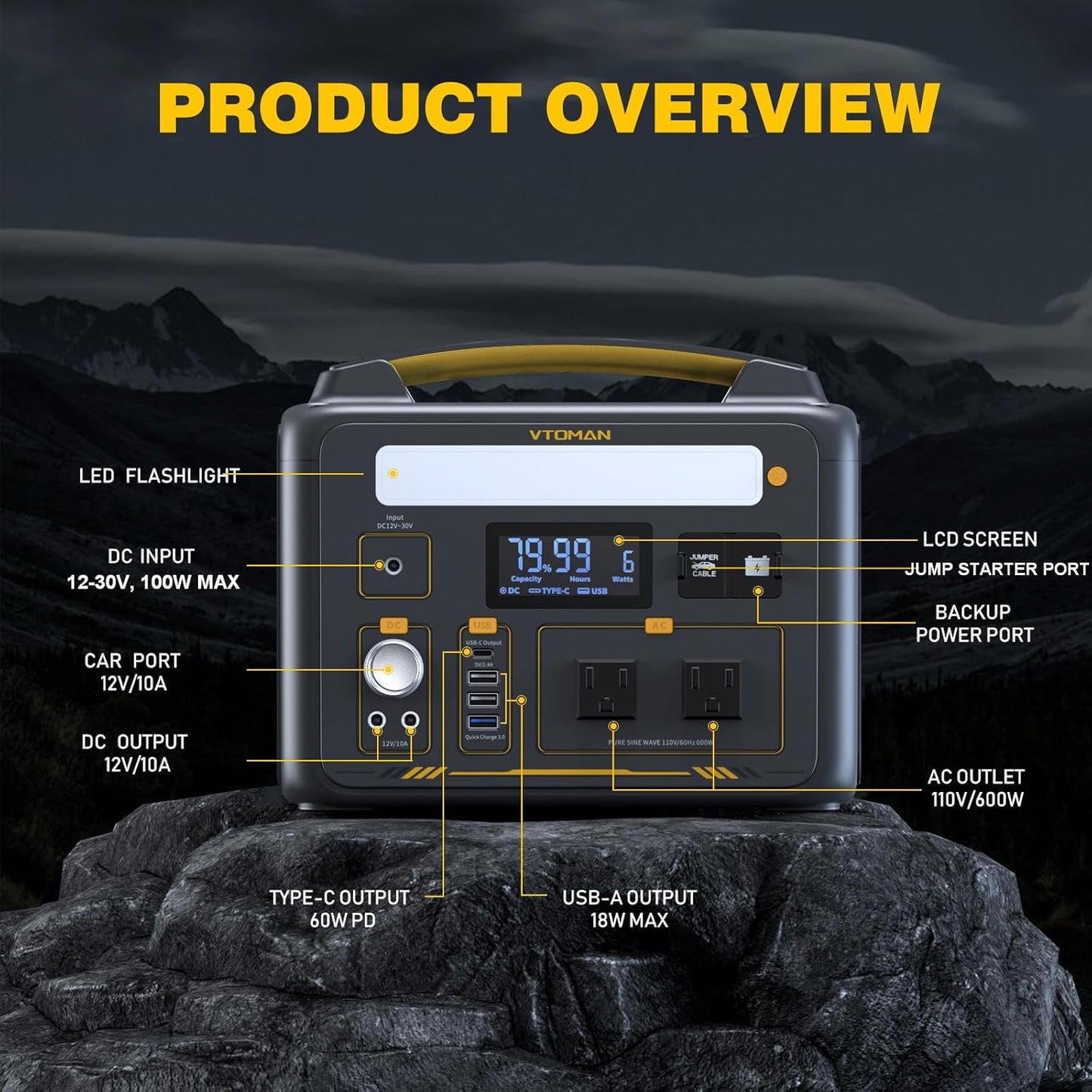 VTOMAN Jump 600X Solar Generator with 200W Solar Panel, 299Wh Portable Power Station with 2x 600W AC Outlets (Surge 1200W) for Outdoor Camping, Vehicle Emergency, Electric Backup