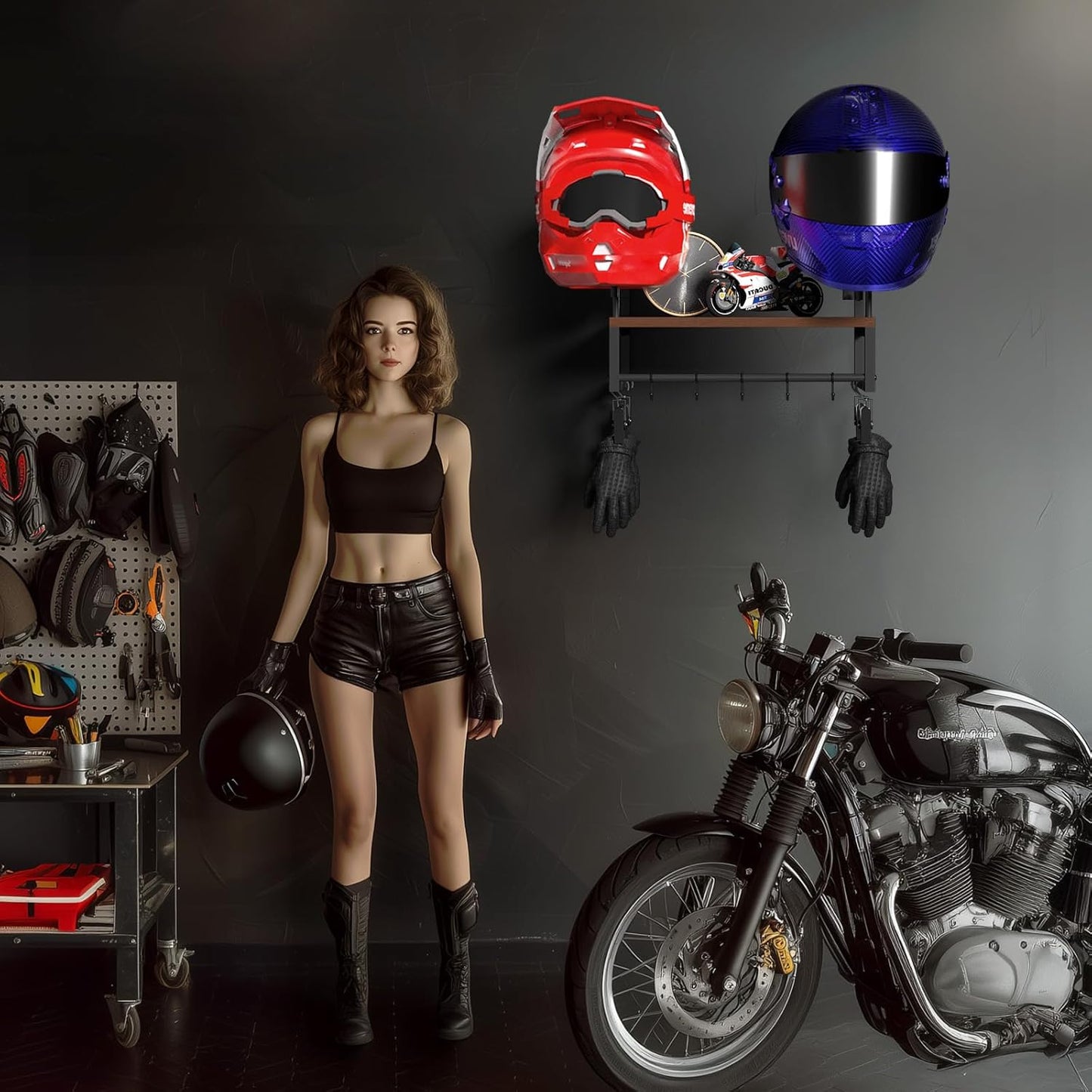 Helmet Holder Wall Mount, Retro Helmet Rack with Wooden Board, 2 Helmet Stands for Moto Gear Storage, Football Accessories Organizer, 4 Clips 5 Hooks for Hanging Gloves Keys, and Tactical Vests