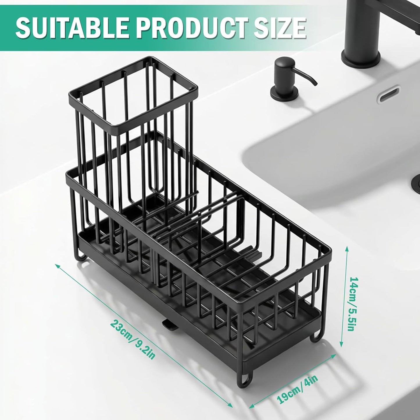 Sponge Holder for Kitchen Sink, Sink Caddy Organizer with High Brush Holder & Auto-Drain Tray, Rustproof Stainless Steel Countertop Storage for Soap Dispenser and Dish Brush, Fast Local Shipping