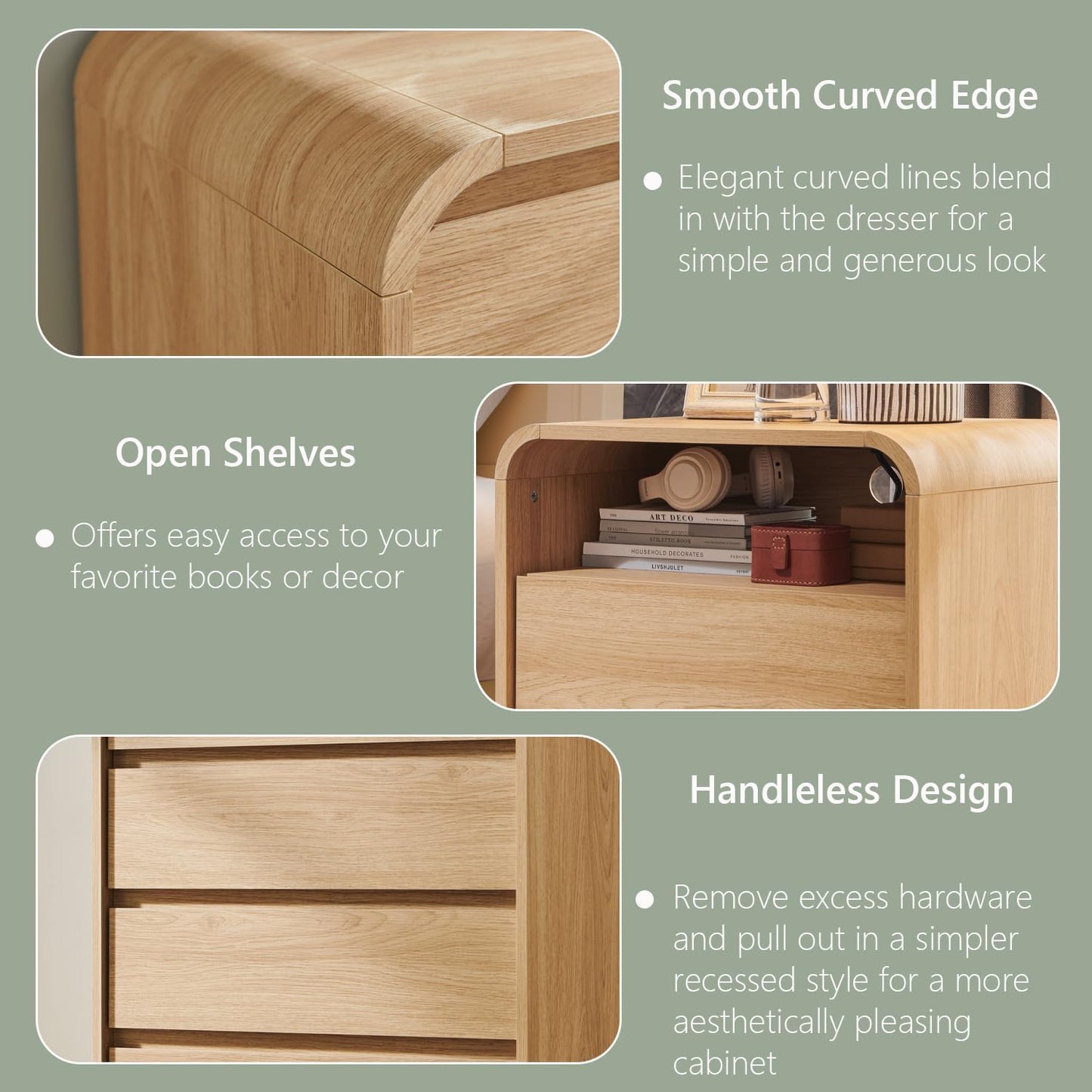 25" Tall Modern Nightstand with Charging Station, 23.6'' Wide Wood Bedside Table w/2 Storage Drawers, Large Mid Century End Table for Bedroom, Living Room, Curved Profile Design,Natural Oak