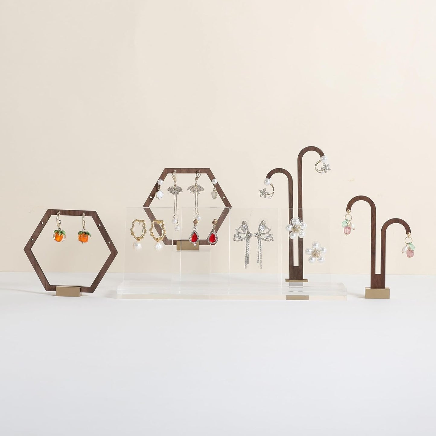 GemeShou 3pcs Wooden stud earring organizer holder, walnut earring hangers with brass base, Small Cute earring display for selling with 9 holes for each【Hexagon frame-3pcs】