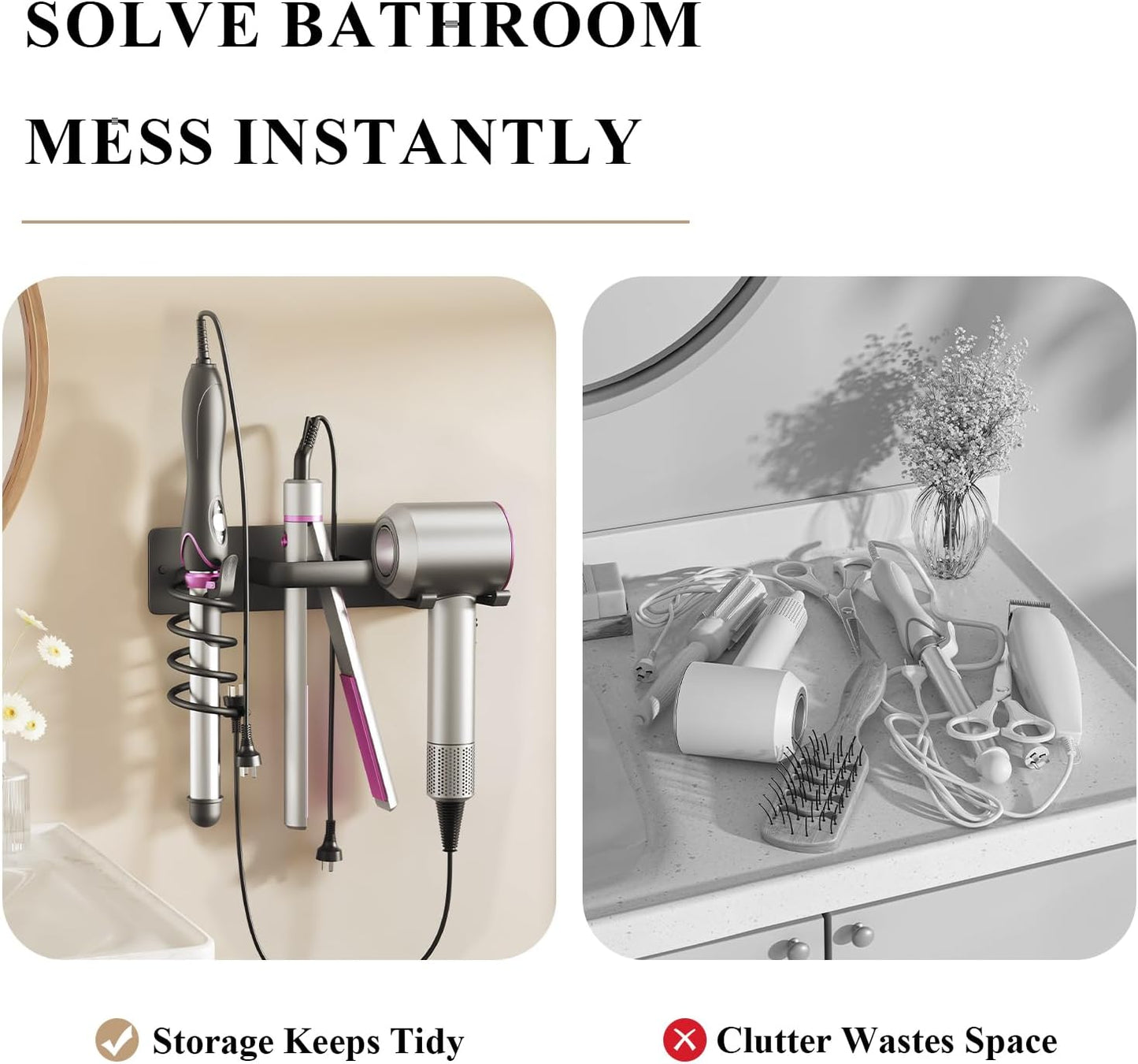 BSICPRO Hair Dryer Holder-3 in 1 Blow Dryer Holder-Metal Bathroom Hair Tool Organizer Wall Mounted-Bathroom Organizer for Hairdryer Curling Iron Flat Iron (Black)