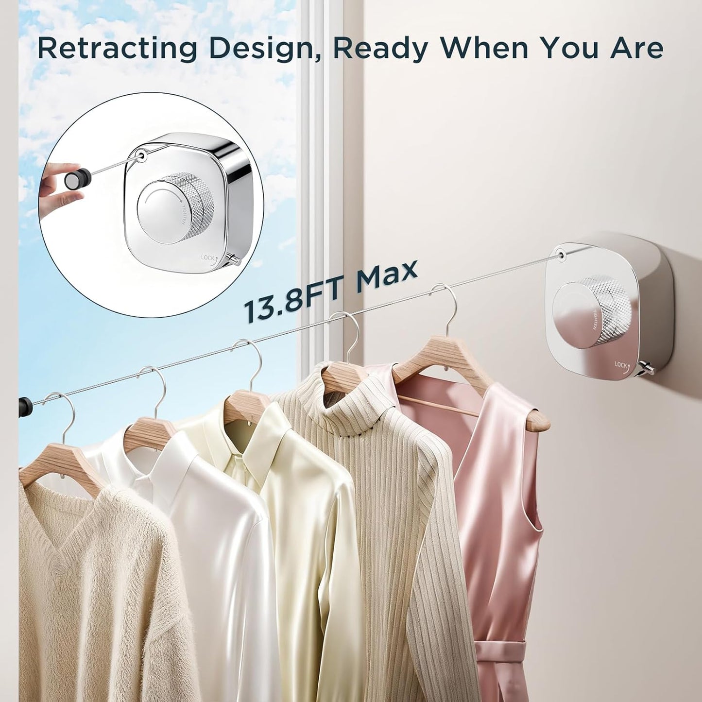 FORIOUS Retractable Clothesline Indoor, 13.8 Ft Non-Sagging Outdoor Clothes Line, Rustproof All Stainless Steel Heavy Duty Clothes Drying Laundry Line, Screw Wall Mounted for Bathroom, Chrome