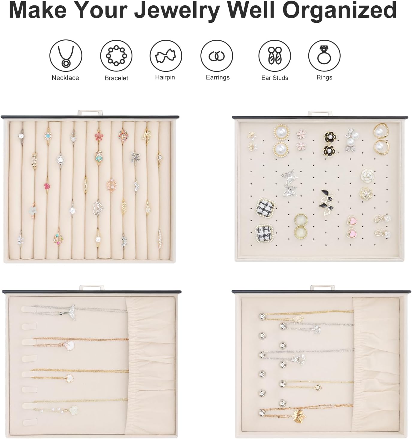 DesignSter Jewelry Box Organizer, Jewelry Box for Women, PU Jewelry Organizer Display Case with Side Drawers, Jewelry Storage for Earring Necklace Ring Bracelet Watch