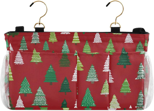 Christmas Trees White Green Bedside Caddy for Dorm Bed Bedside Hanging Caddy Bag Iron Frame Storage Organizer Pocket for Bunk Home College Hospital Beds 2 Hooks