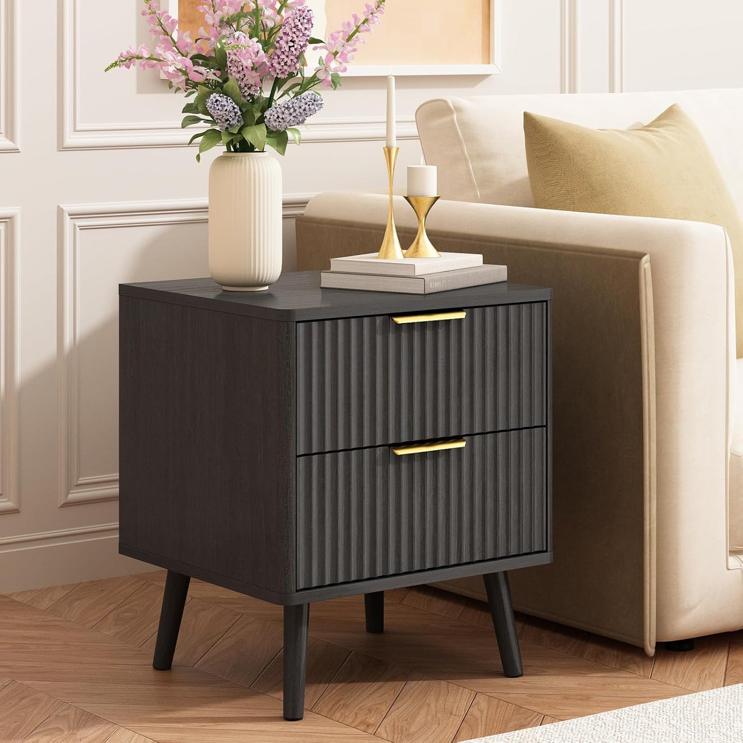 CARPETNAL Fluted Nightstand Set of 2, Black Bedside Table with 2 Drawers and Gold Handles, Wood End Table Mid Century Night Stands for Bedroom Living Room