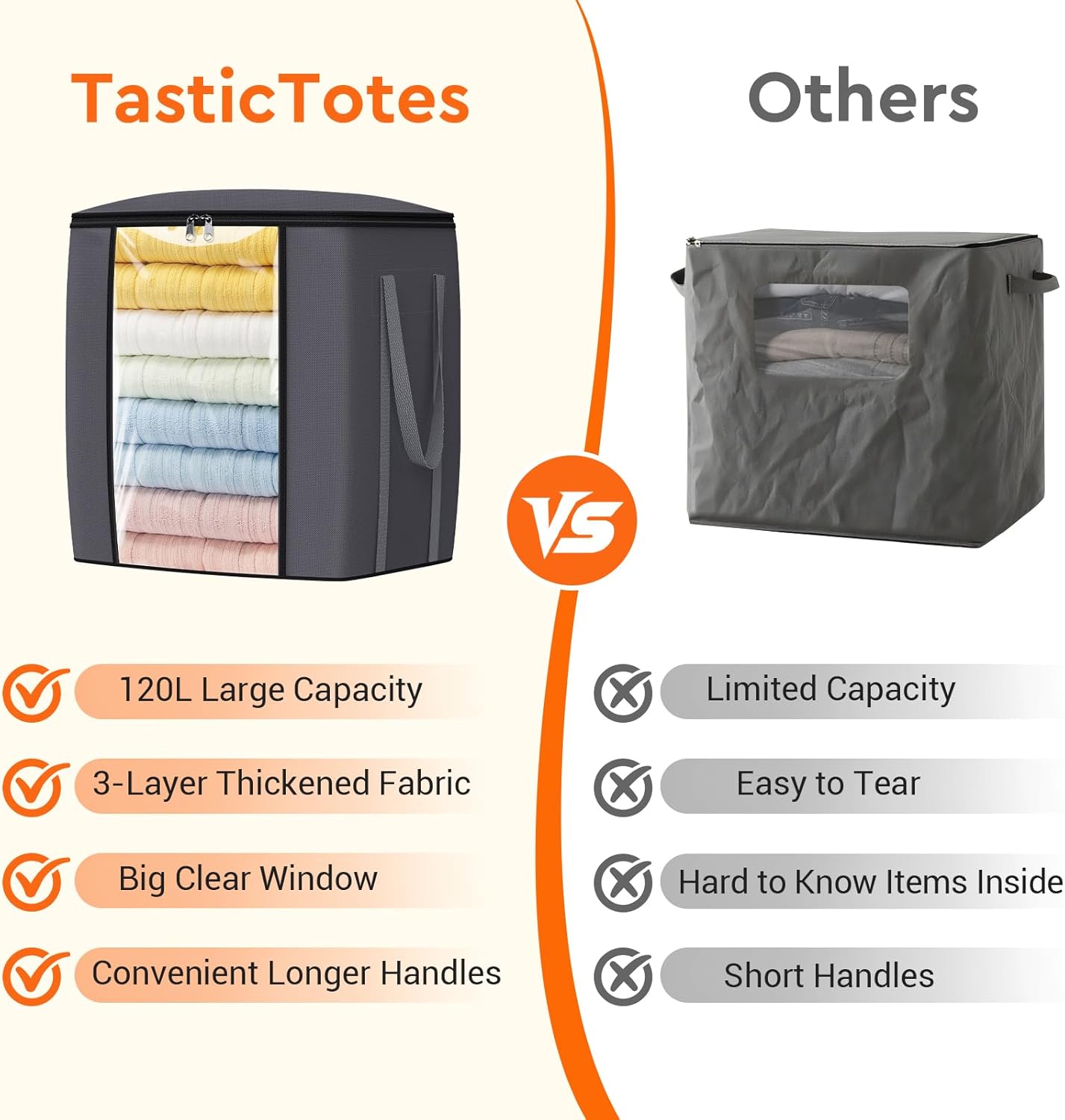 120L Extra Large Clothes Storage Bags, Foldable Blanket Storage and Organization, Thick Fabric Containers with Reinforced Handles & Zippers for Clothing, Comforters, Bedding, Gray, 4 Pack
