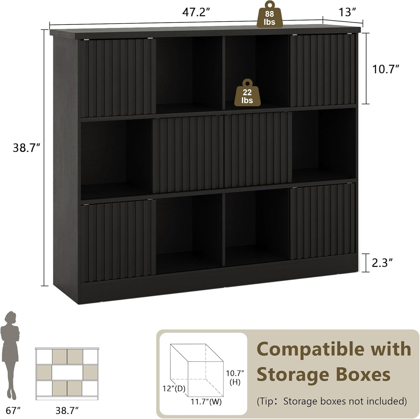 iPormis 12 Cube Bookcase with 6 Fluted Sliding Doors, 3 Tier Wooden Bookshelf, 47.2” Freestanding Cube Storage Organizer for Living Room, Office, Bedroom, Semi-Open Bookshelves, Black