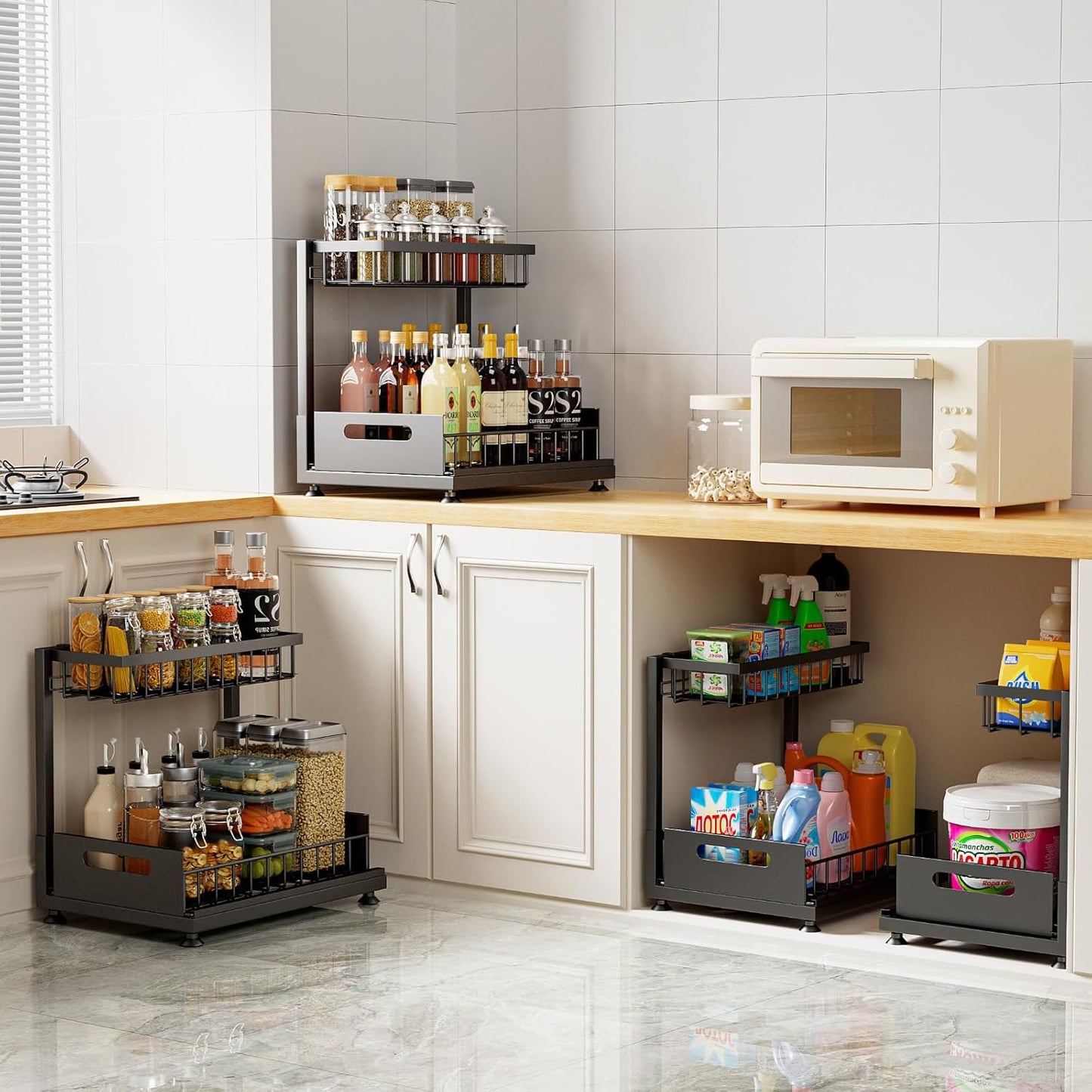 2 Pack Under Sink Organizer Storage 2-Tier Premium Metal Pull-Out Racks, Height Adjustable, Easy Installation | Kitchen & Bathroom Organizers