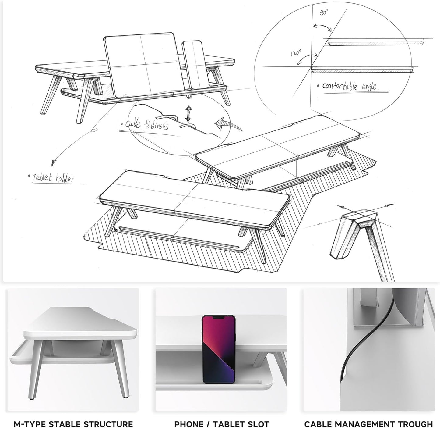 Fenge Monitor Stand, Monitor Stands Riser for Desk, 23.6 Inch Wood Desk Shelf with Storage Organizer and Cable Management for Office Desk Accessories
