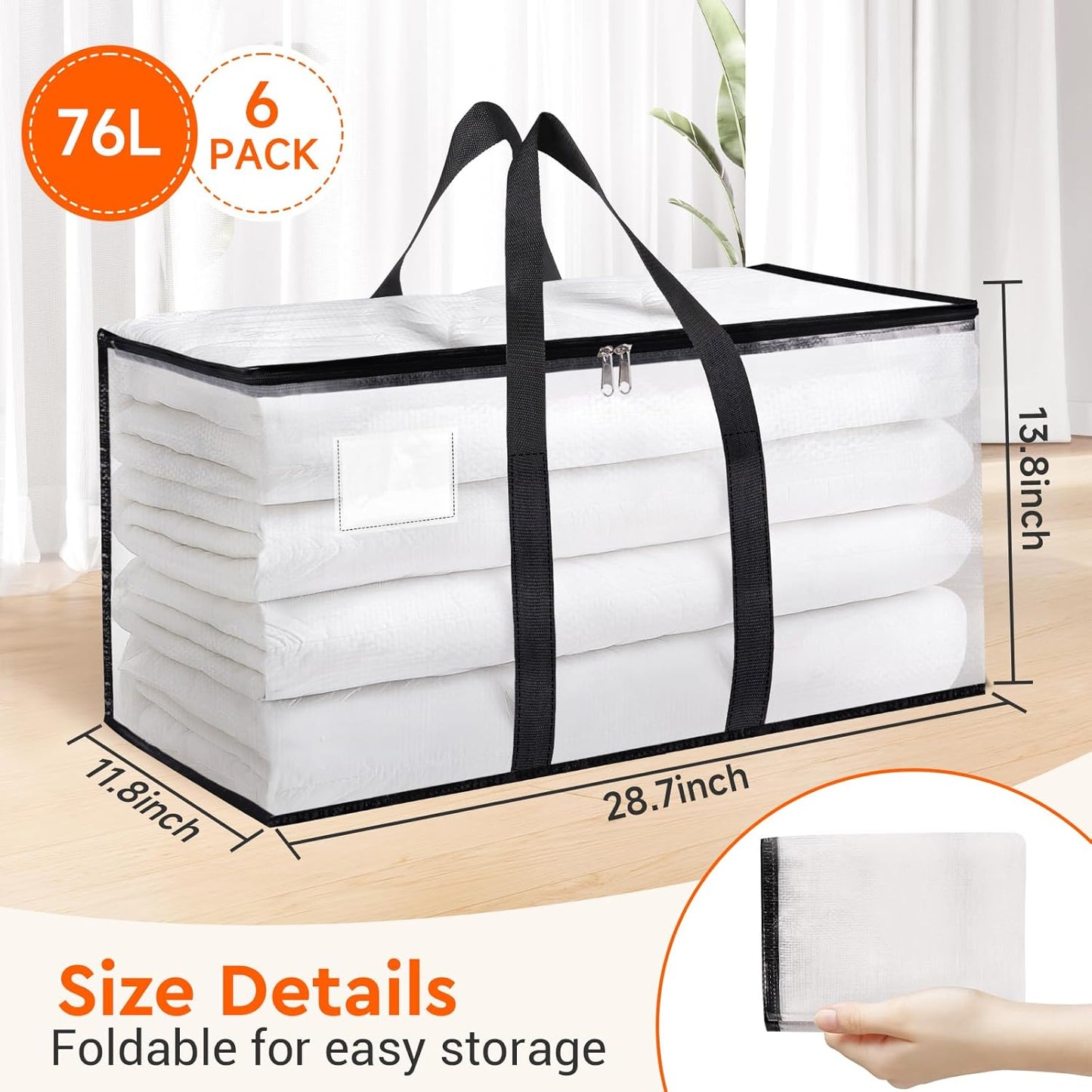 BlissTotes Moving Bags, 6-Pack Storage Bags, Moving Bags Heavy Duty Extra Large, Moving Totes, Clear moving Bags, Reinforced Handles & Tag Pocket, Christmas Totes (76L)