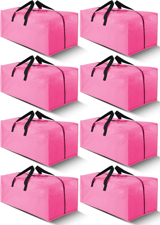 Cosy Family 8 Pack Heavy Duty Extra Large Moving Bags with Backpack Straps - Strong Handles & Zippers, Storage Totes For Space Saving, Fold Flat, Alternative to Moving Box (40 gal, Pink)