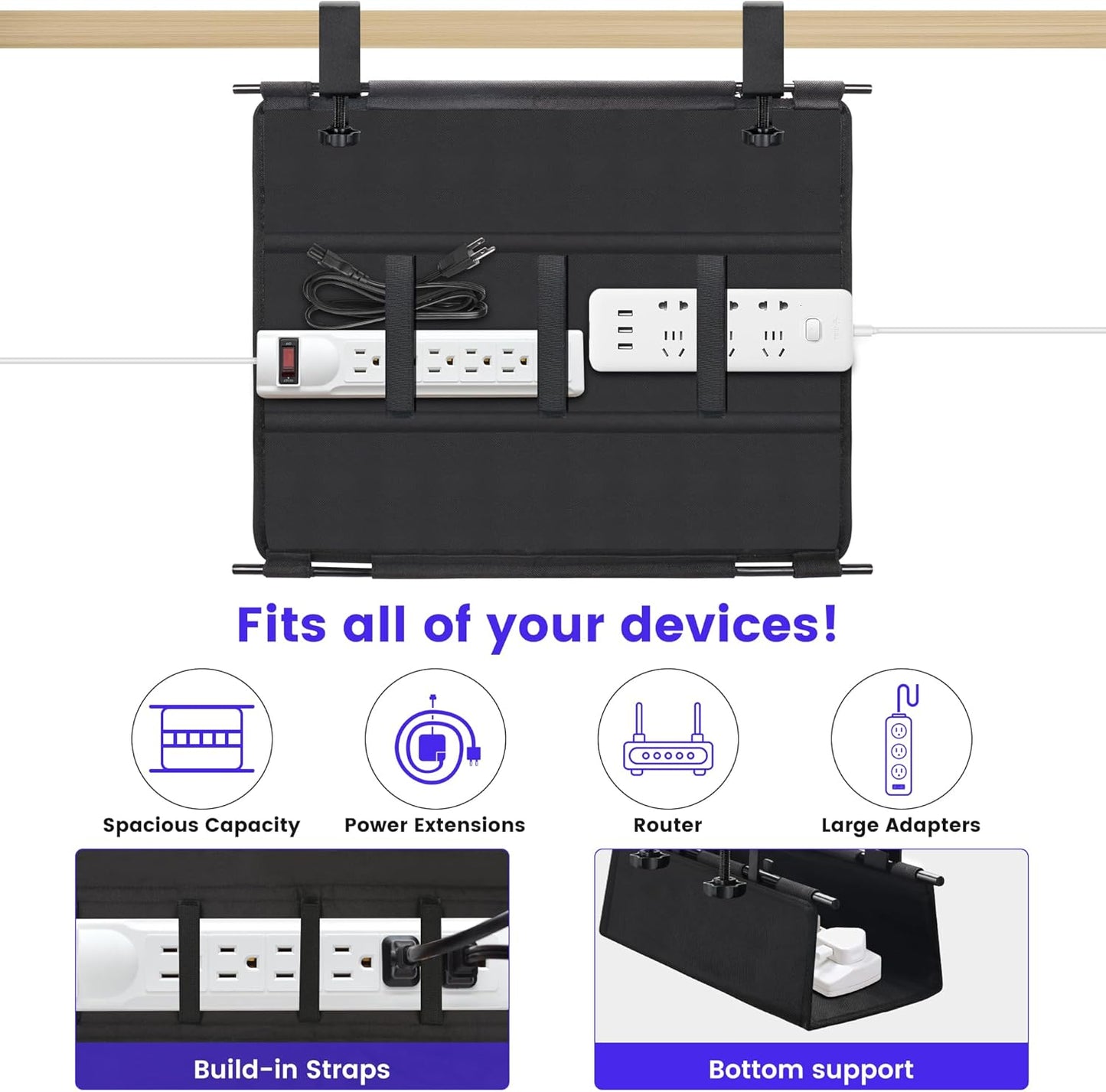 Under Desk Cable Management Tray, Clamp-On Cord Organizer，No Drilling Required, Holds Up to 22 lbs, for Cords, Routers, Power Strips (Black, 28.4inch)