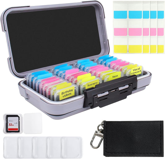 36-Slot Memory Card Case with 36 Transparent Holders & 60 Writable Labels, SD Card Storage Case & Organizer for Camera Memory Cards
