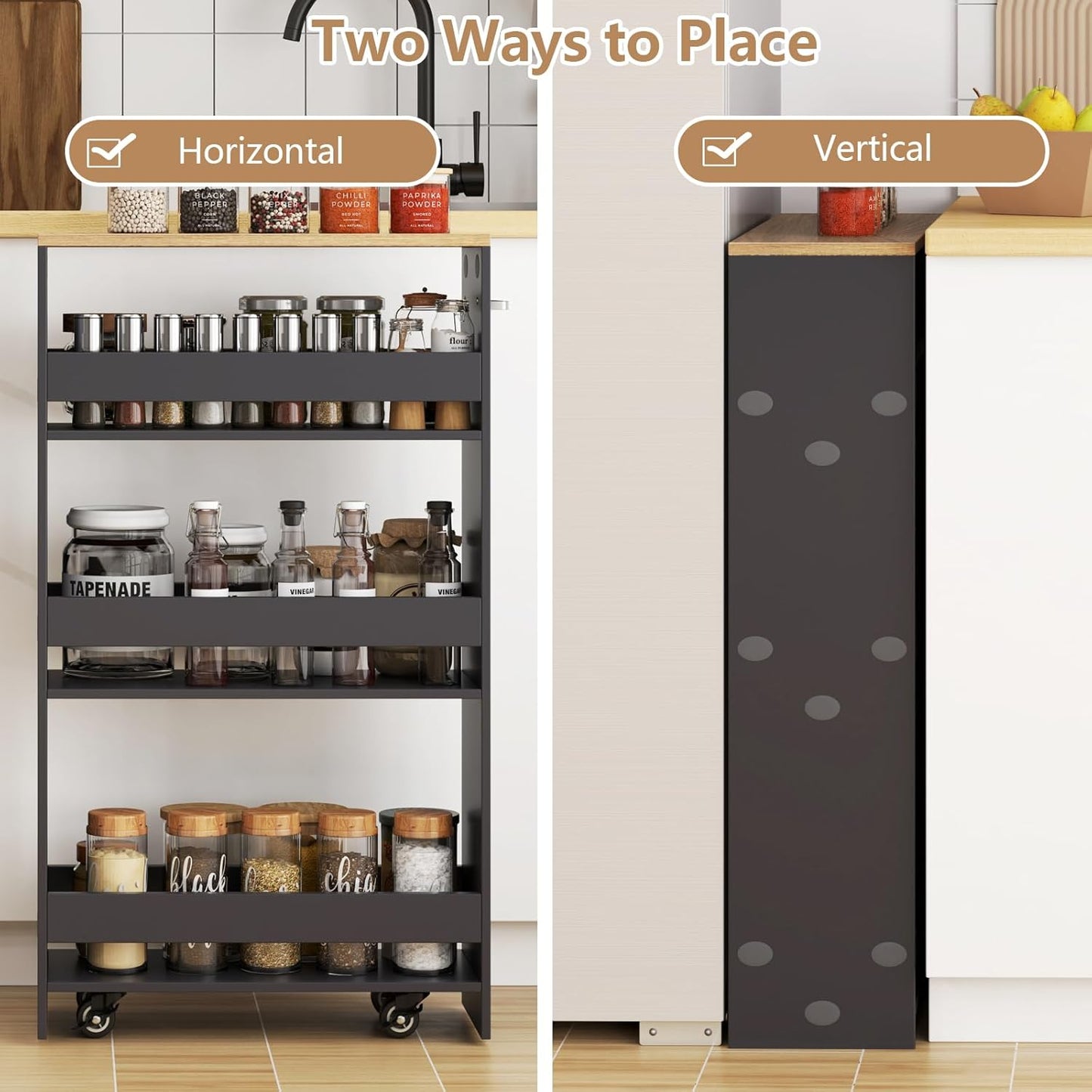 Slim Rolling Storage Cart, 4 Tier Narrow Kitchen Cart with Wheels, Between Washer and Dryer Cart, Wood Shelving Unit Organizer w/Handle for Small Spaces (Grey & Natural, 8-Inch)