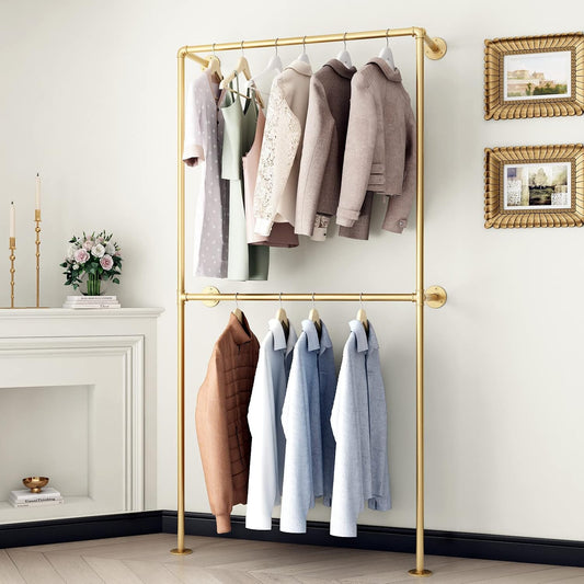 Gold Clothing Racks Wall Mount Clothes Rack, Heavy Duty Industrial Pipe Clothing Rack Retail Display Hanging Rod for Closet Storage, Laundry Room(Gold)
