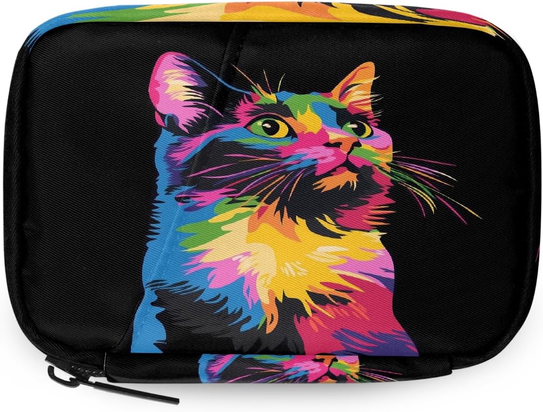 Abstract Art Colorful Cat Pill Organizer Travel Medicine Case with Zipper Daily Vitamin Storage Bag Portable 8 Slot Weekly Pill Box Supplement Holder for Home Office Gym Travel