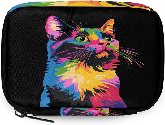 Abstract Art Colorful Cat Pill Organizer Travel Medicine Case with Zipper Daily Vitamin Storage Bag Portable 8 Slot Weekly Pill Box Supplement Holder for Home Office Gym Travel